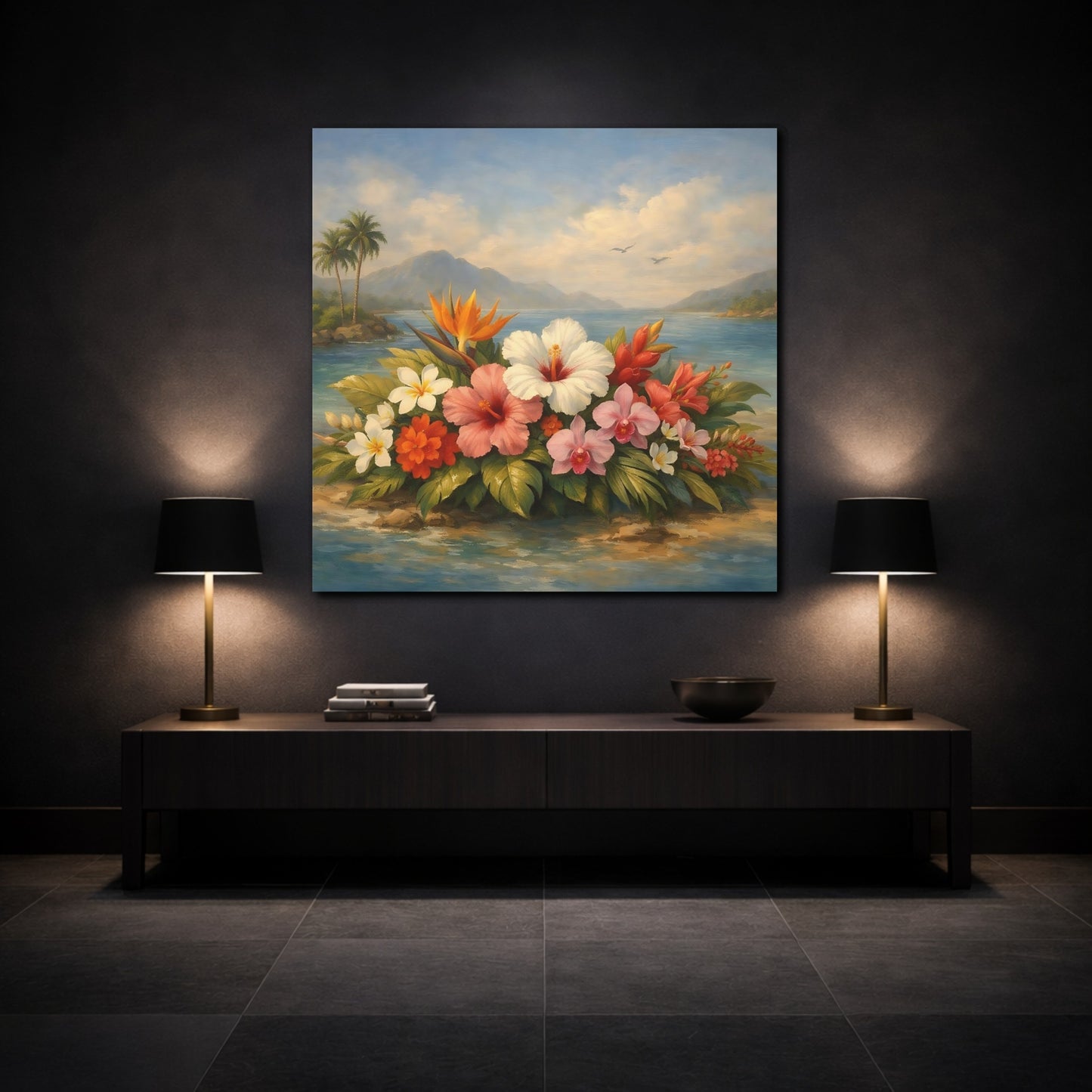 Mockup 3. Floral Tropical Flowers Vibrant Tropical Floral shown as stretched canvas wall art