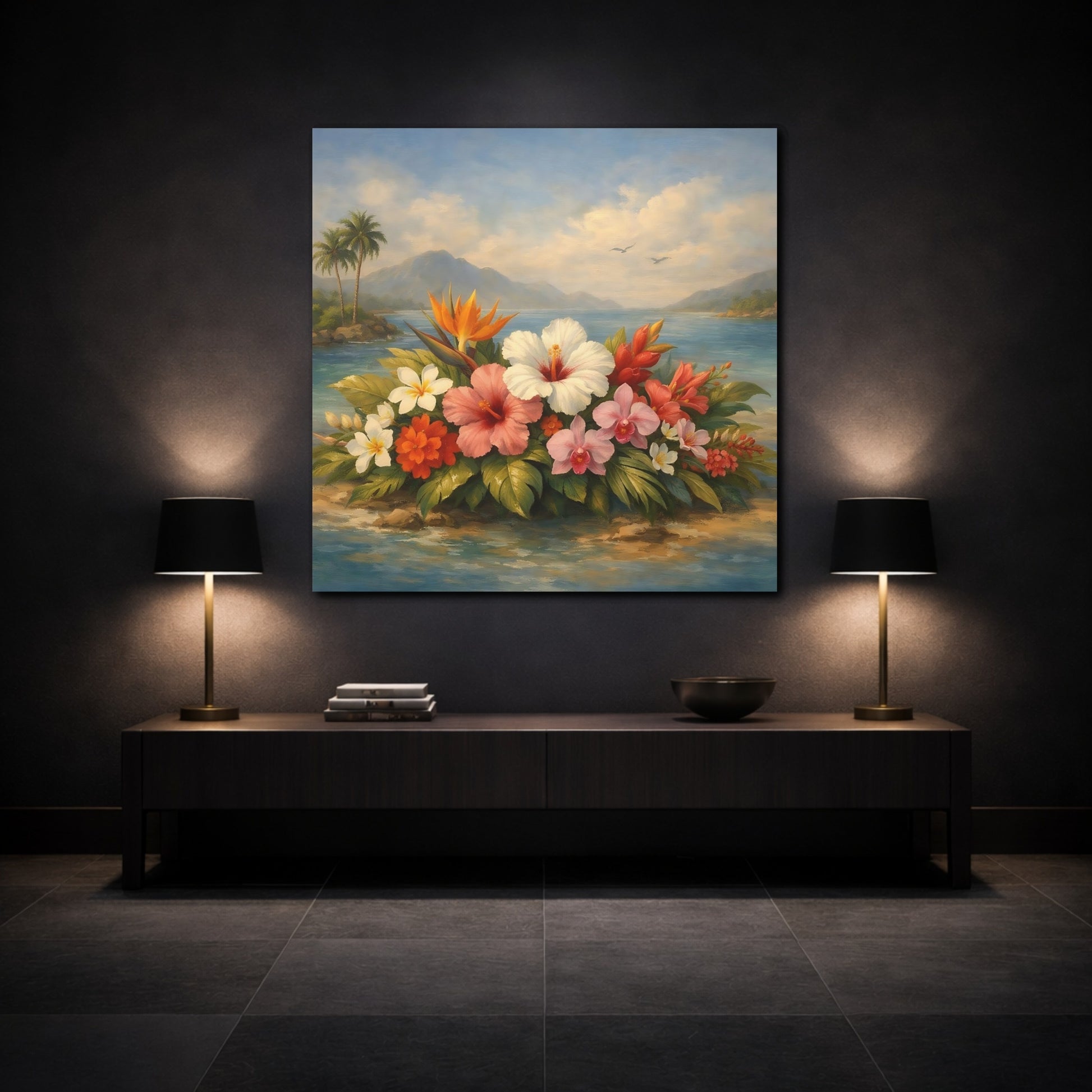 Mockup 3. Floral Tropical Flowers Vibrant Tropical Floral shown as stretched canvas wall art