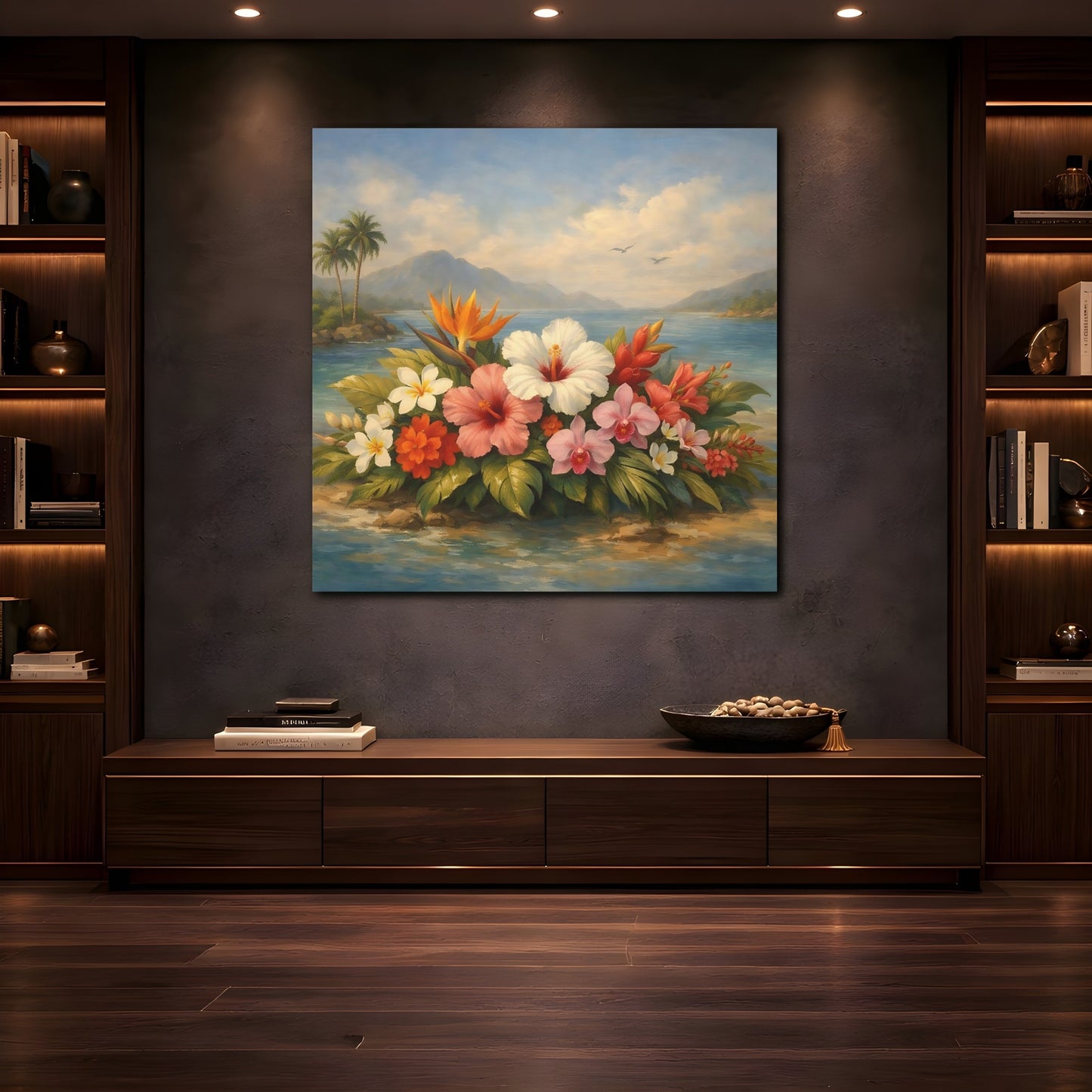 Mockup 4. Floral Tropical Flowers Vibrant Tropical Floral shown as stretched canvas wall art