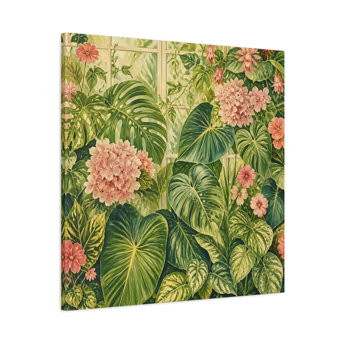 Main Mockup. Floral Tropical Plants Green And Pink Botanical shown as stretched canvas wall art