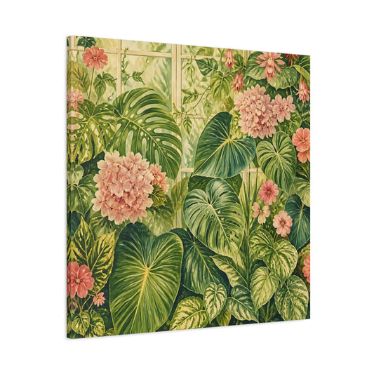 Main Mockup. Floral Tropical Plants Green And Pink Botanical shown as stretched canvas wall art