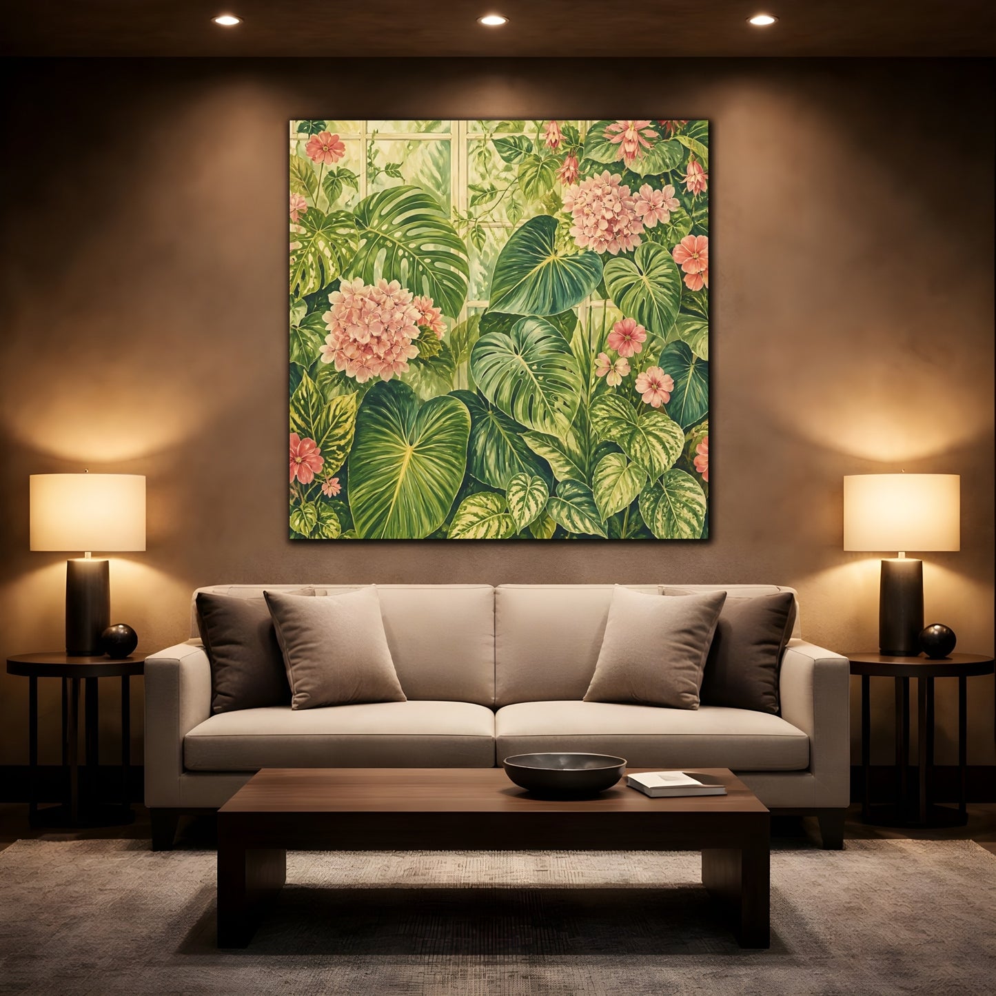 Mockup 2. Floral Tropical Plants Green And Pink Botanical shown as stretched canvas wall art