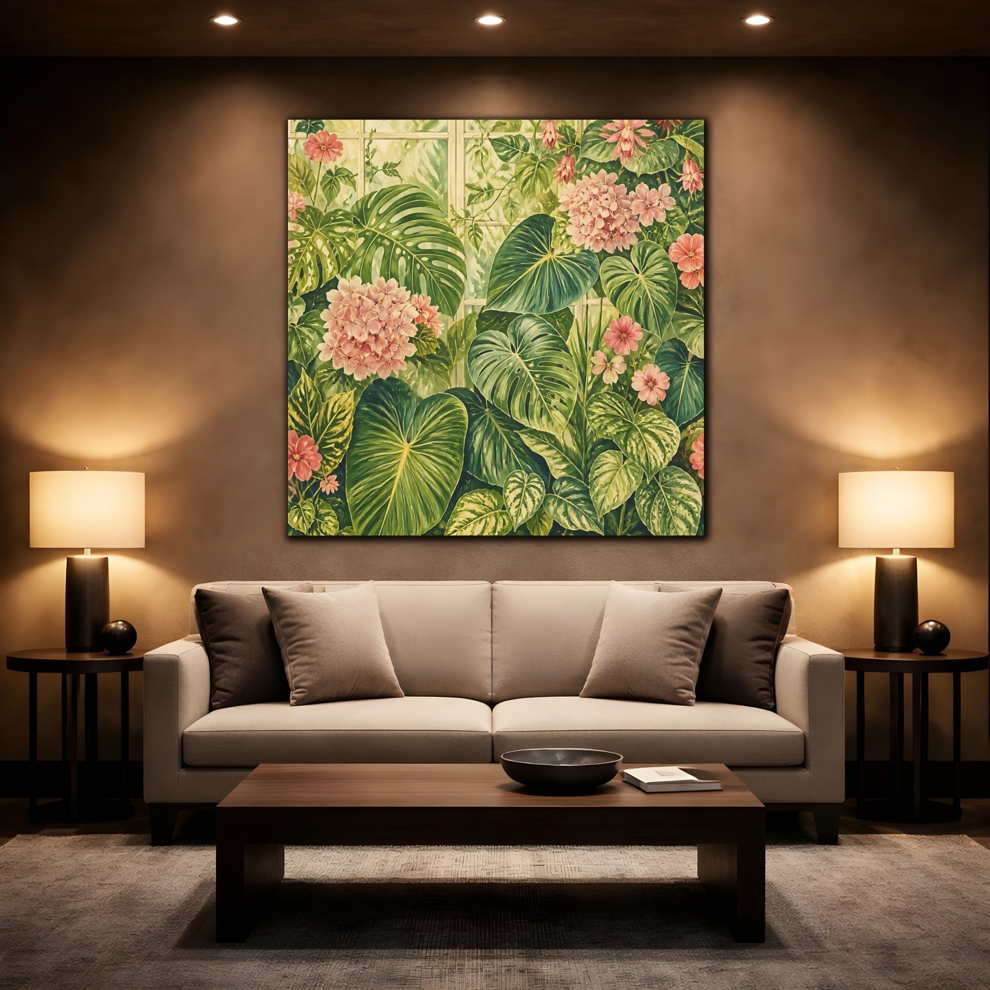 Mockup 2. Floral Tropical Plants Green And Pink Botanical shown as stretched canvas wall art