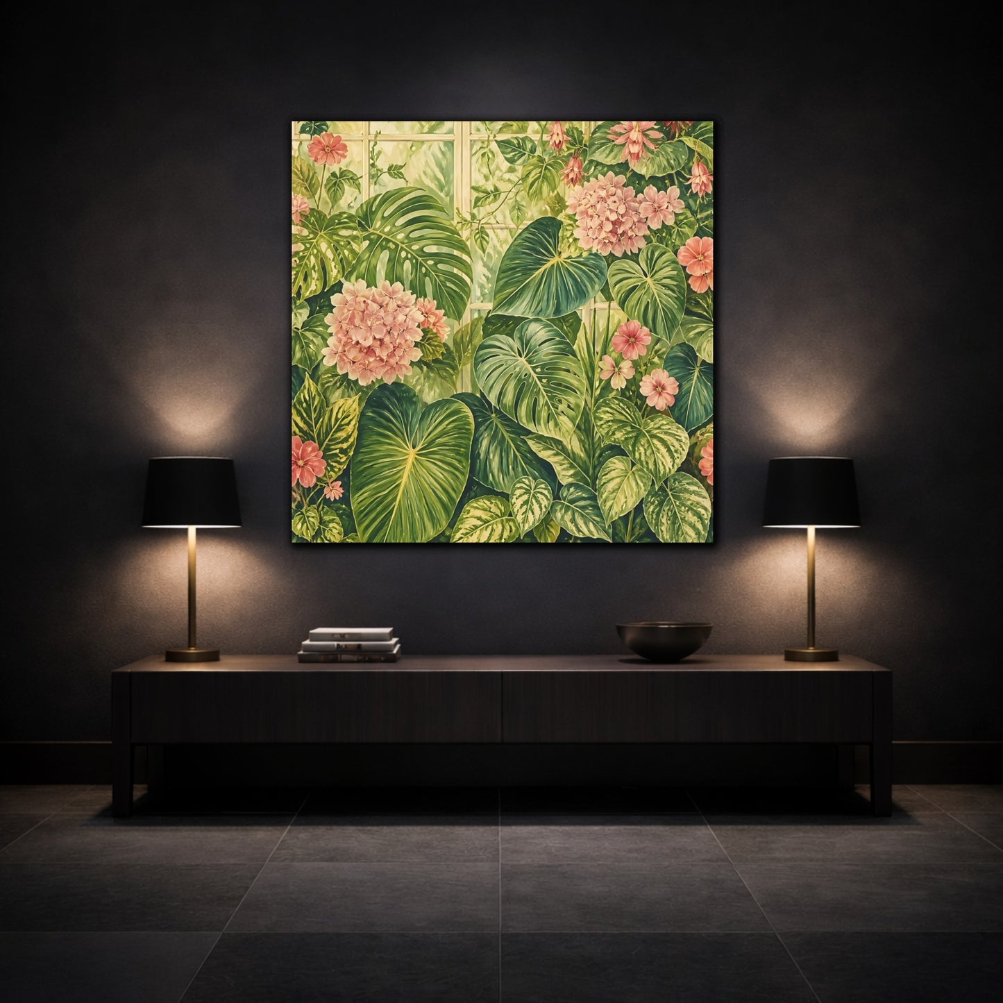 Mockup 3. Floral Tropical Plants Green And Pink Botanical shown as stretched canvas wall art