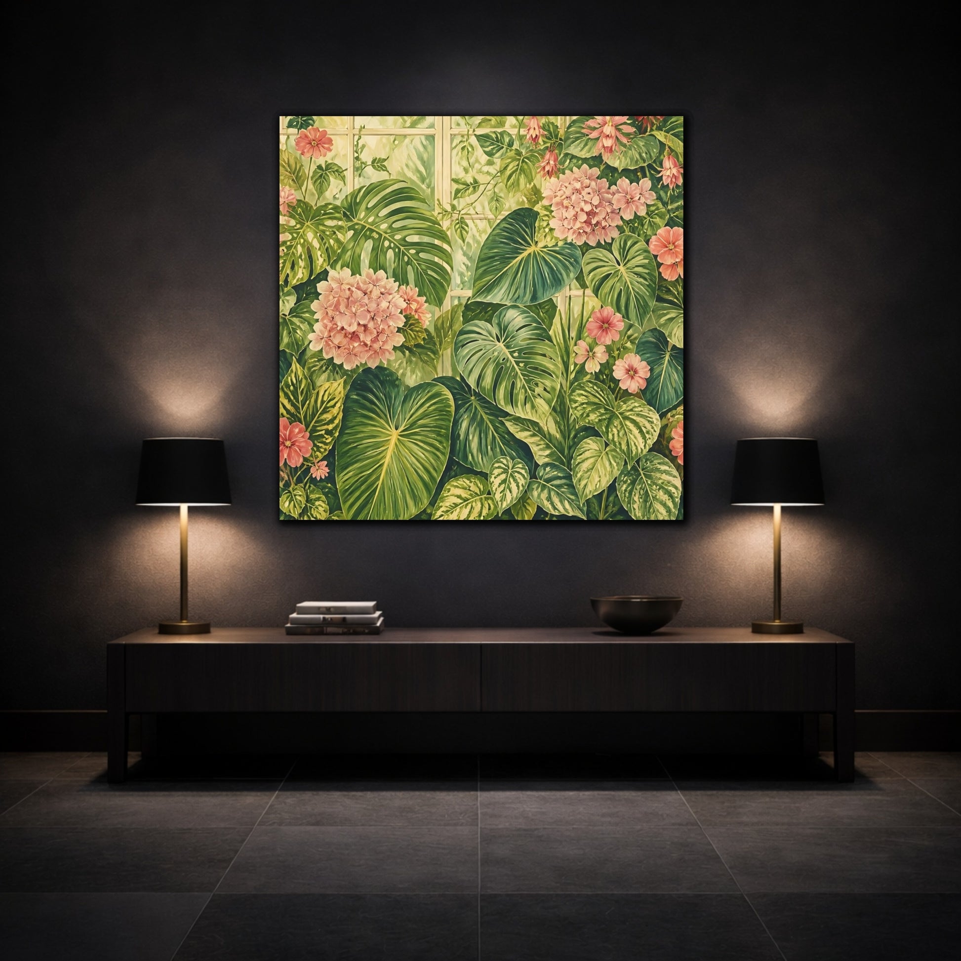 Mockup 3. Floral Tropical Plants Green And Pink Botanical shown as stretched canvas wall art