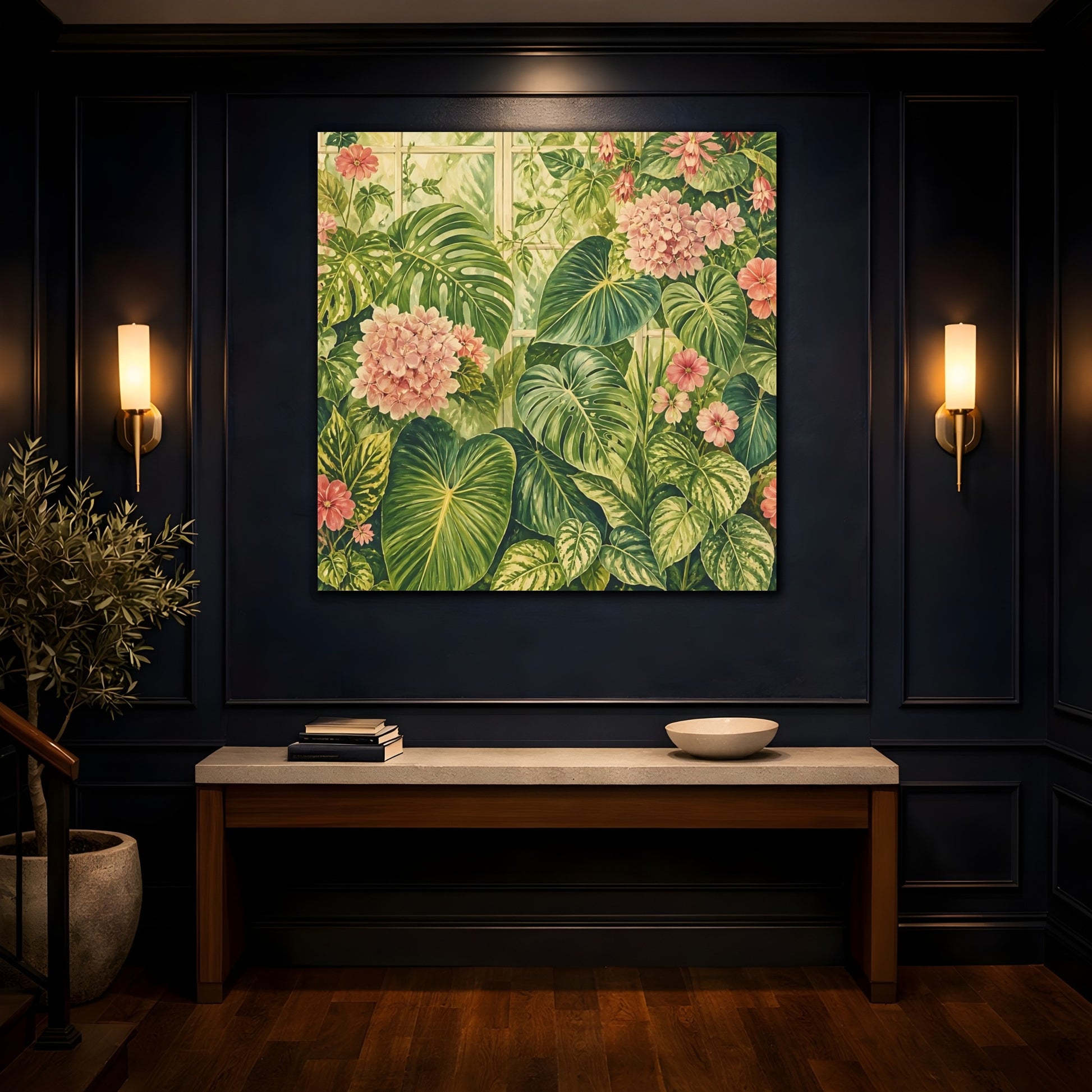 Mockup 4. Floral Tropical Plants Green And Pink Botanical shown as stretched canvas wall art