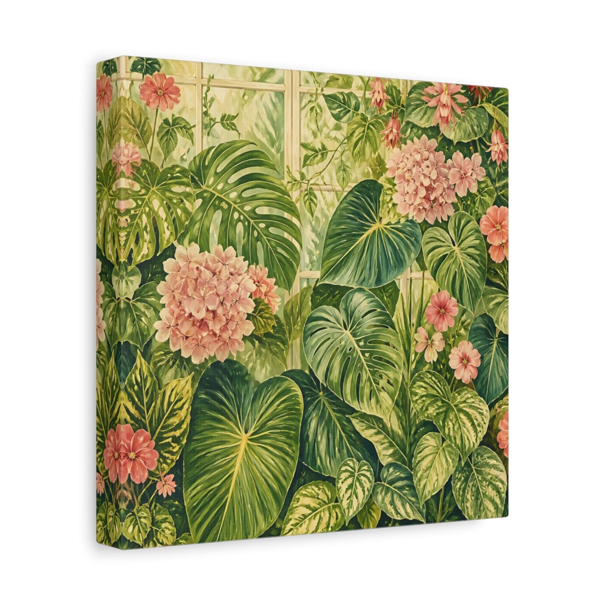 Side Mockup 9. Floral Tropical Plants Green And Pink Botanical shown as stretched canvas wall art