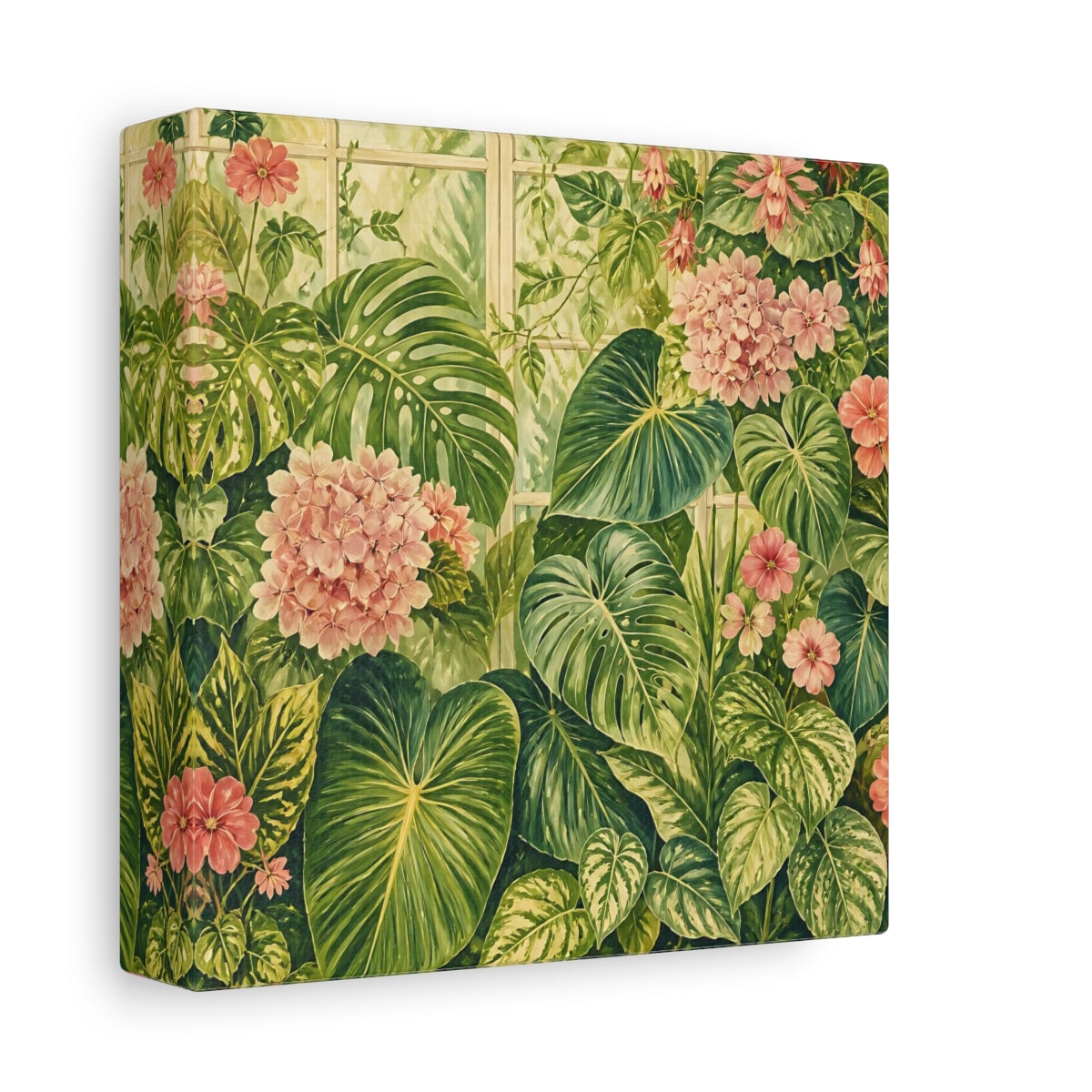 Side Mockup 2. Floral Tropical Plants Green And Pink Botanical shown as stretched canvas wall art