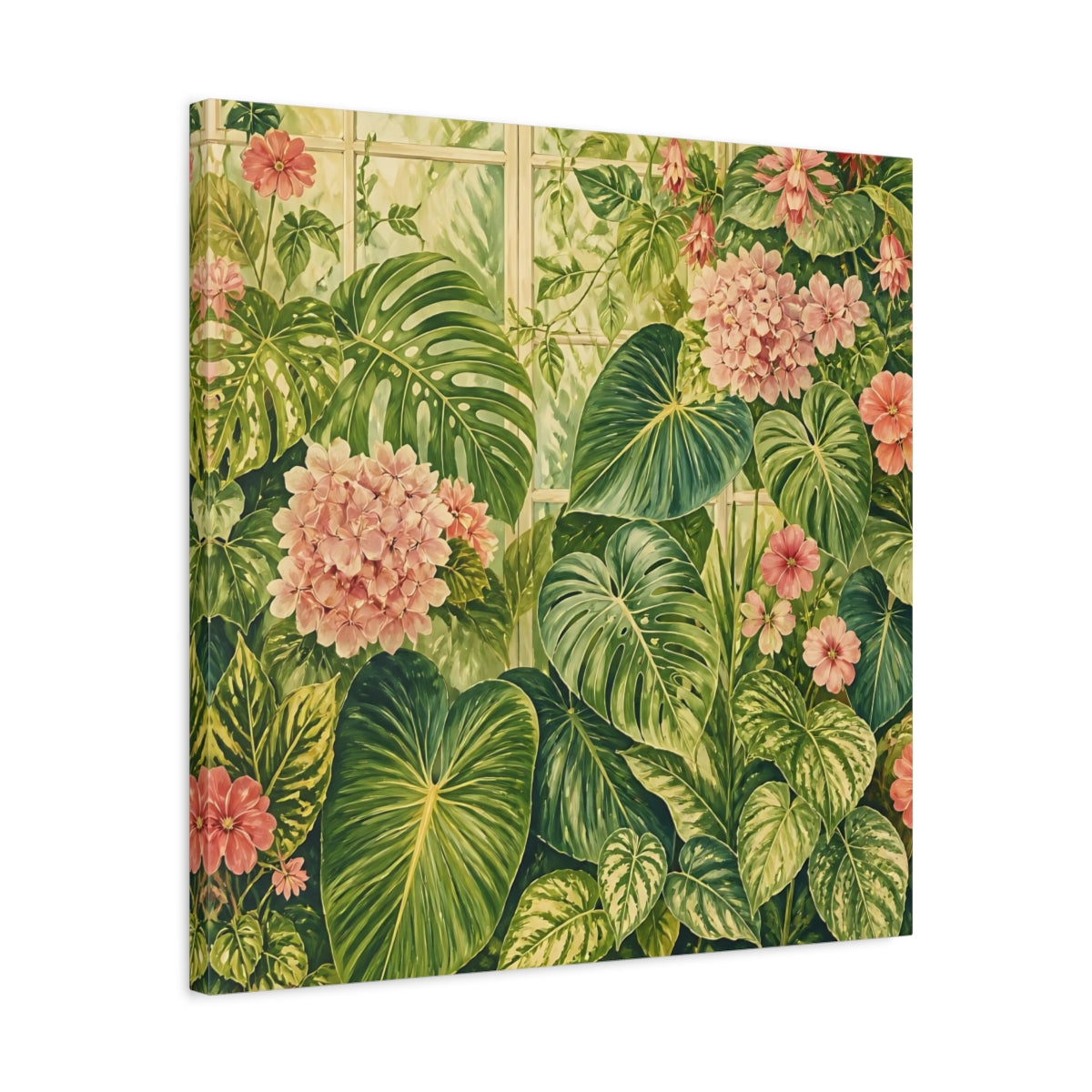 Side Mockup 4. Floral Tropical Plants Green And Pink Botanical shown as stretched canvas wall art