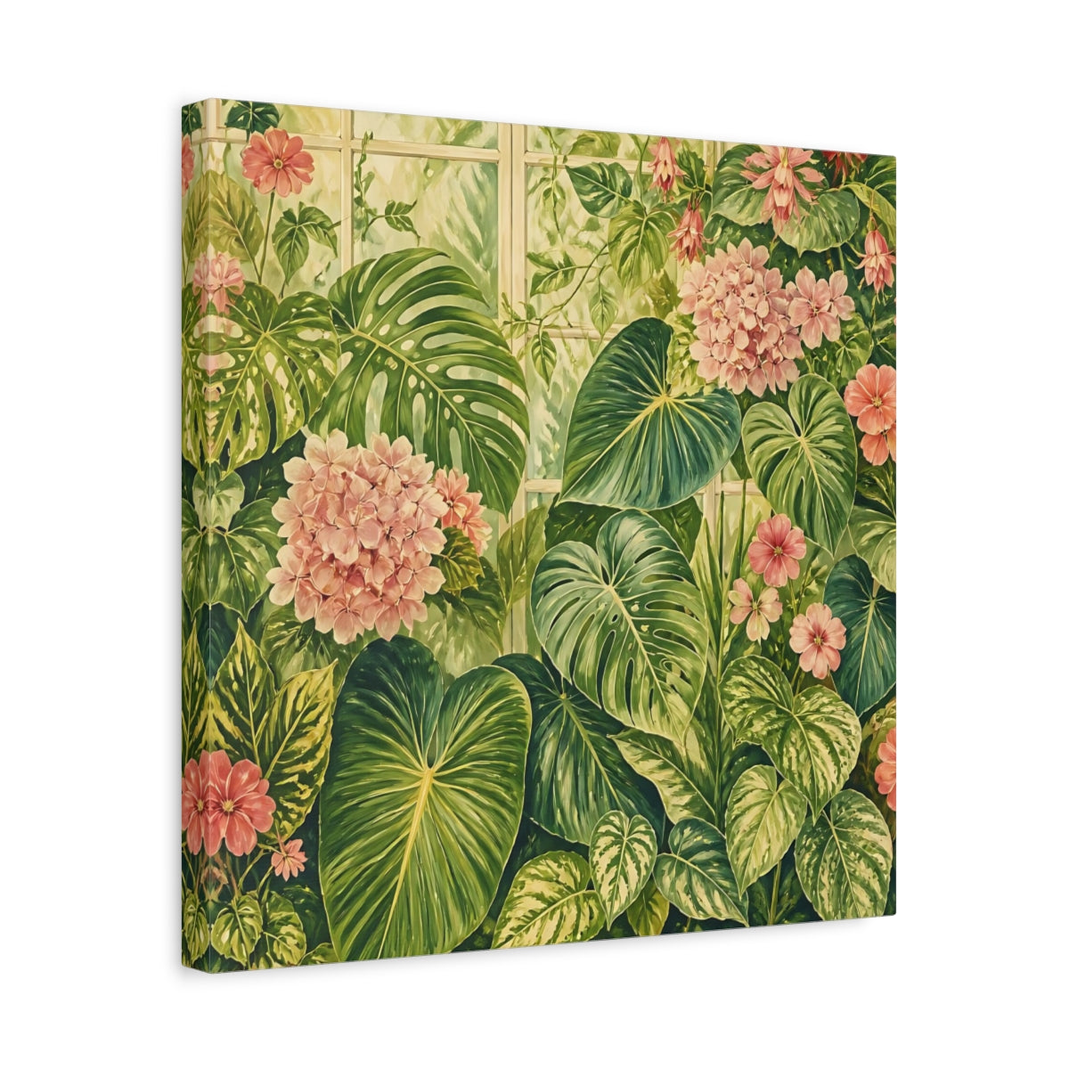 Side Mockup 6. Floral Tropical Plants Green And Pink Botanical shown as stretched canvas wall art
