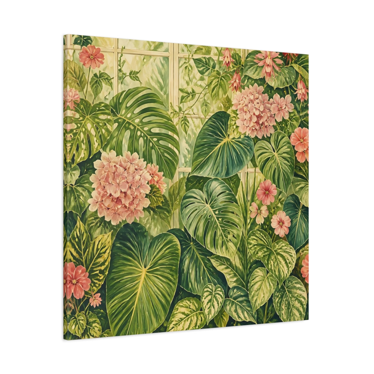 Side Mockup 1. Floral Tropical Plants Green And Pink Botanical shown as stretched canvas wall art