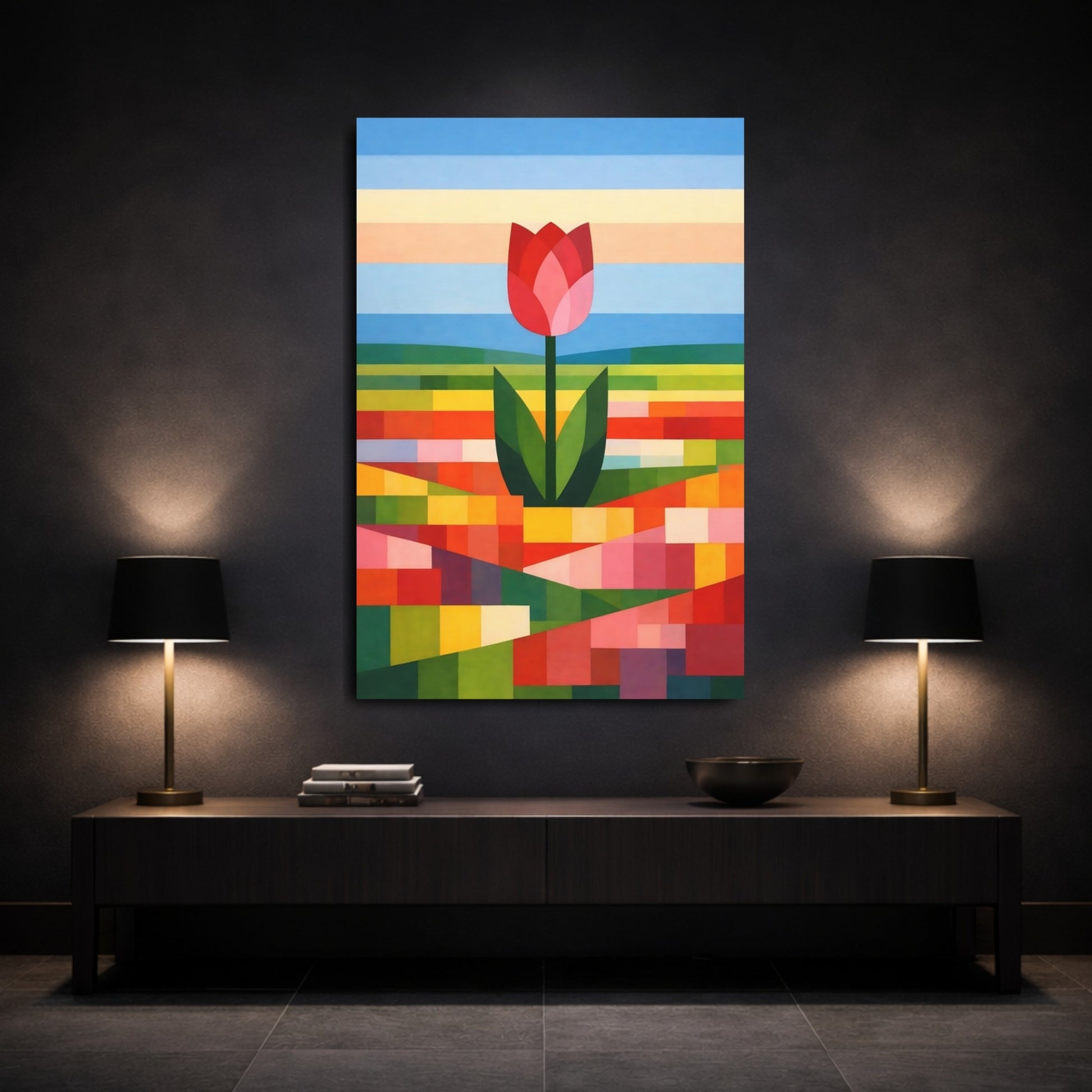 Floral Tulip Colorful Geometric Tulip shown as front canvas room wall art