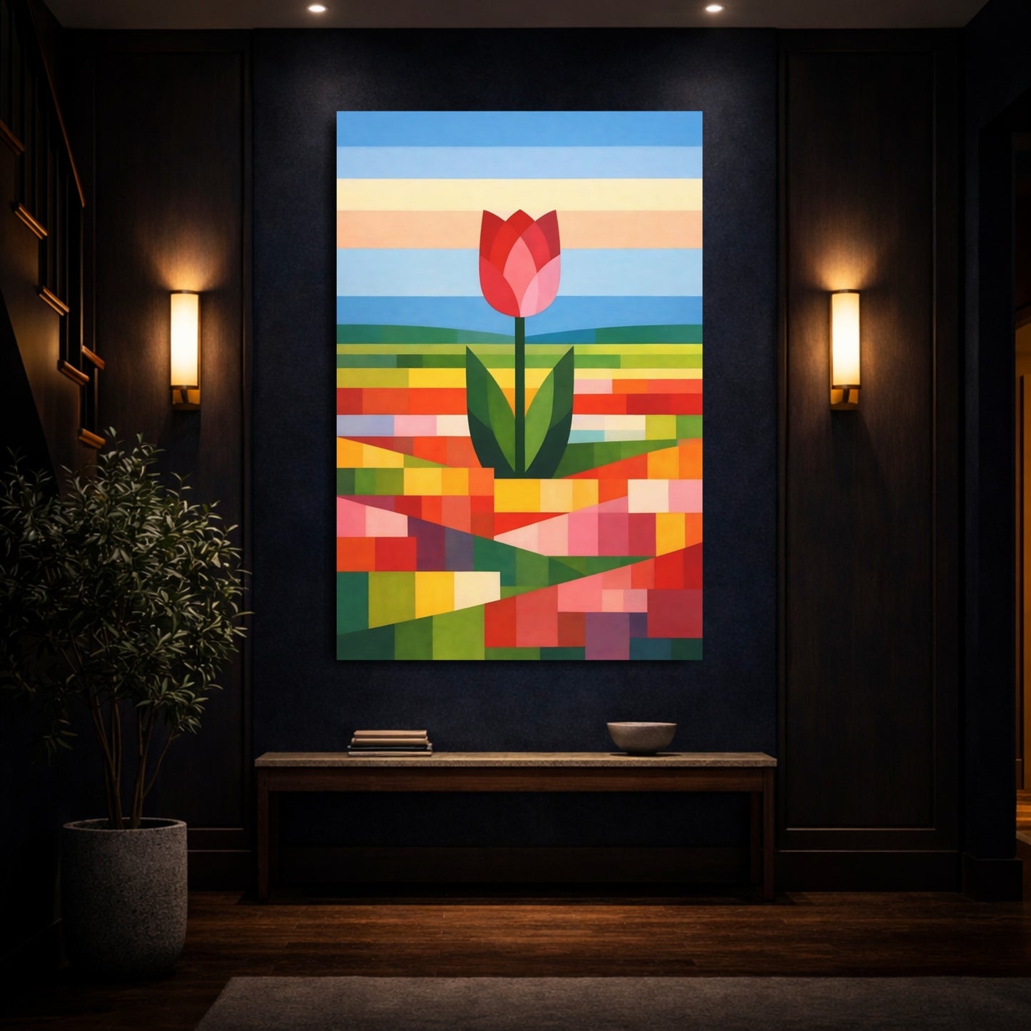 Floral Tulip Colorful Geometric Tulip shown as front canvas room wall art