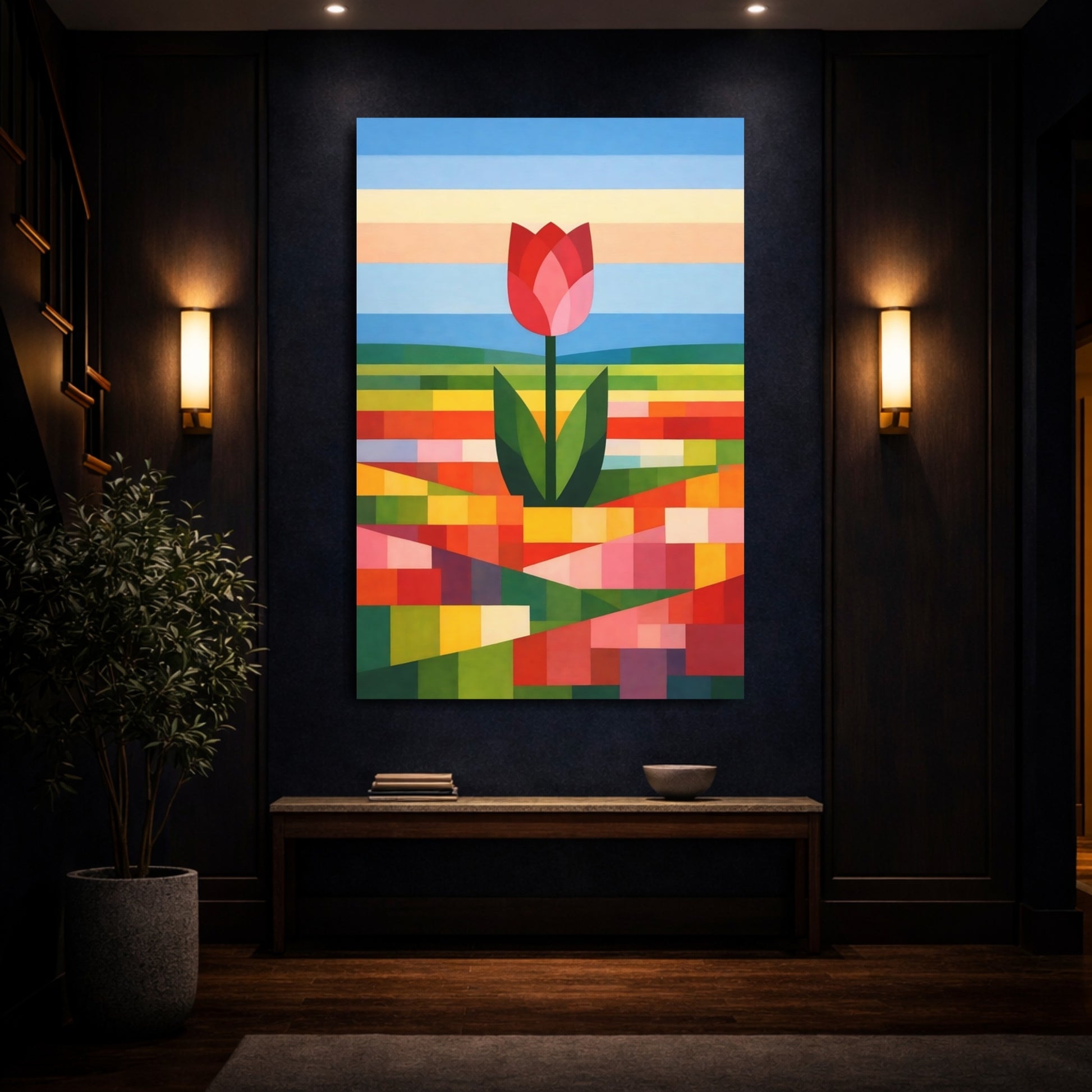 Floral Tulip Colorful Geometric Tulip shown as front canvas room wall art