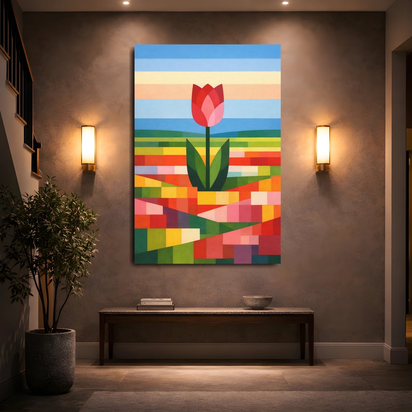 Floral Tulip Colorful Geometric Tulip shown as front canvas room wall art