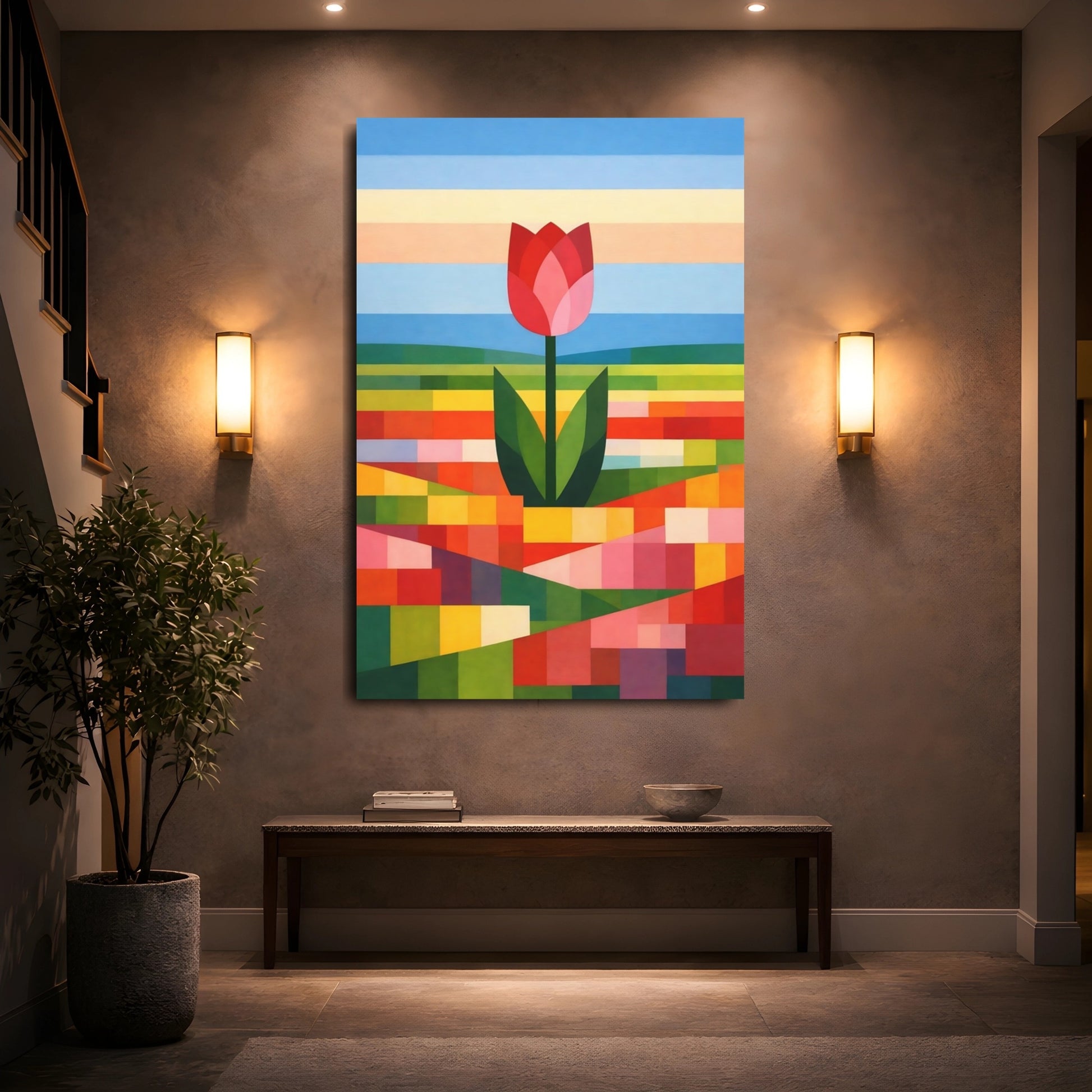 Floral Tulip Colorful Geometric Tulip shown as front canvas room wall art