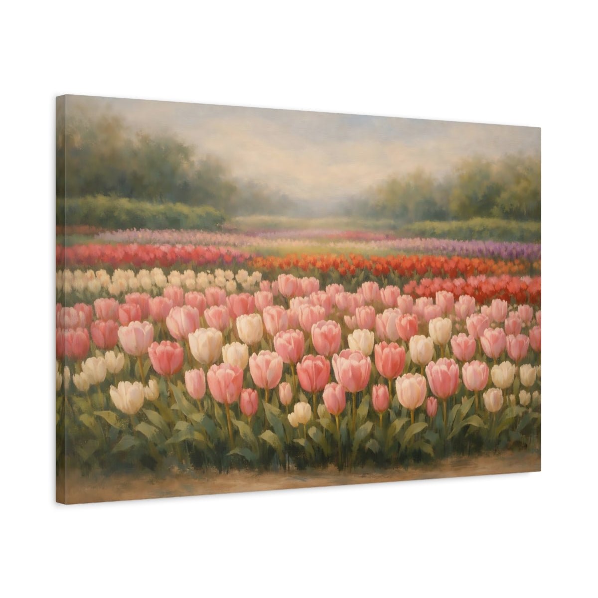 Side Mockup 2. Floral Tulip Field Pink Tulip Field shown as stretched canvas wall art