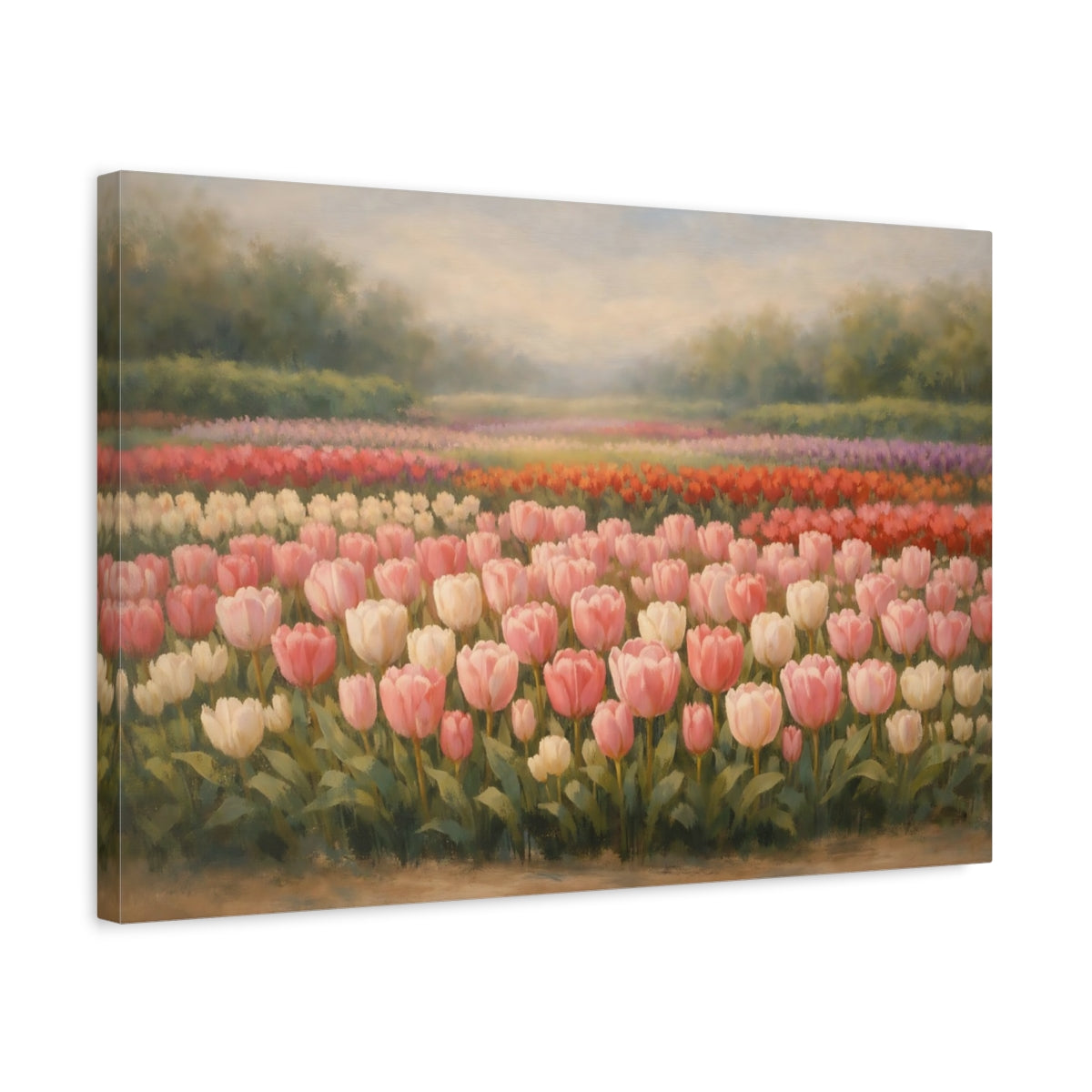 Side Mockup 3. Floral Tulip Field Pink Tulip Field shown as stretched canvas wall art