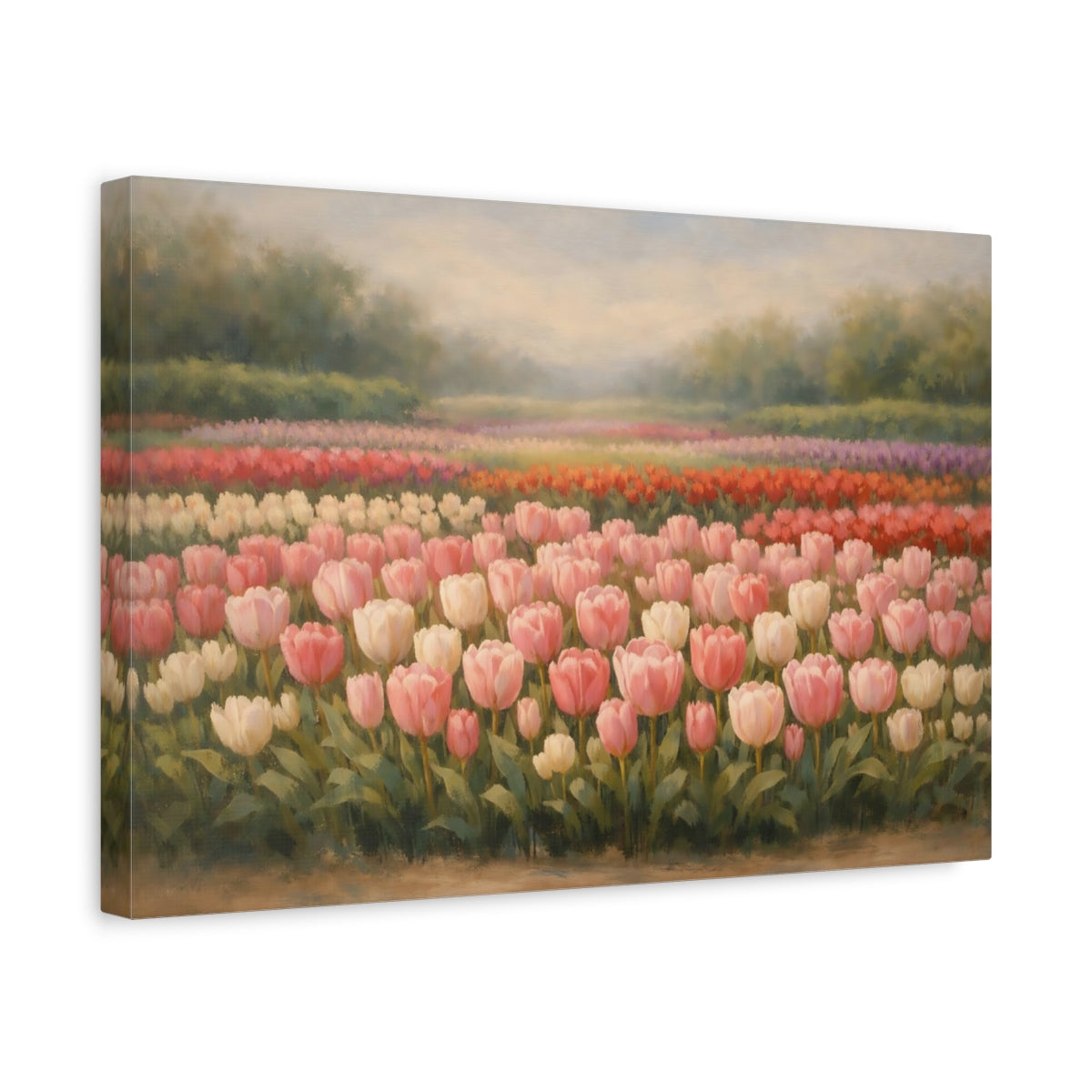 Side Mockup 4. Floral Tulip Field Pink Tulip Field shown as stretched canvas wall art
