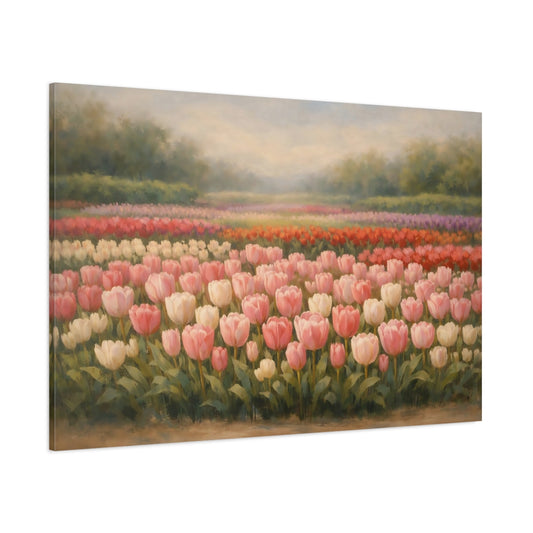 Main Mockup. Floral Tulip Field Pink Tulip Field shown as stretched canvas wall art