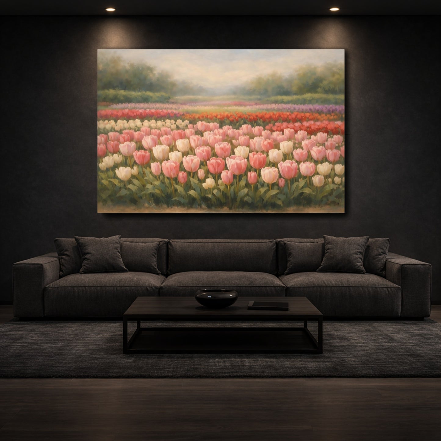 Mockup 2. Floral Tulip Field Pink Tulip Field shown as stretched canvas wall art