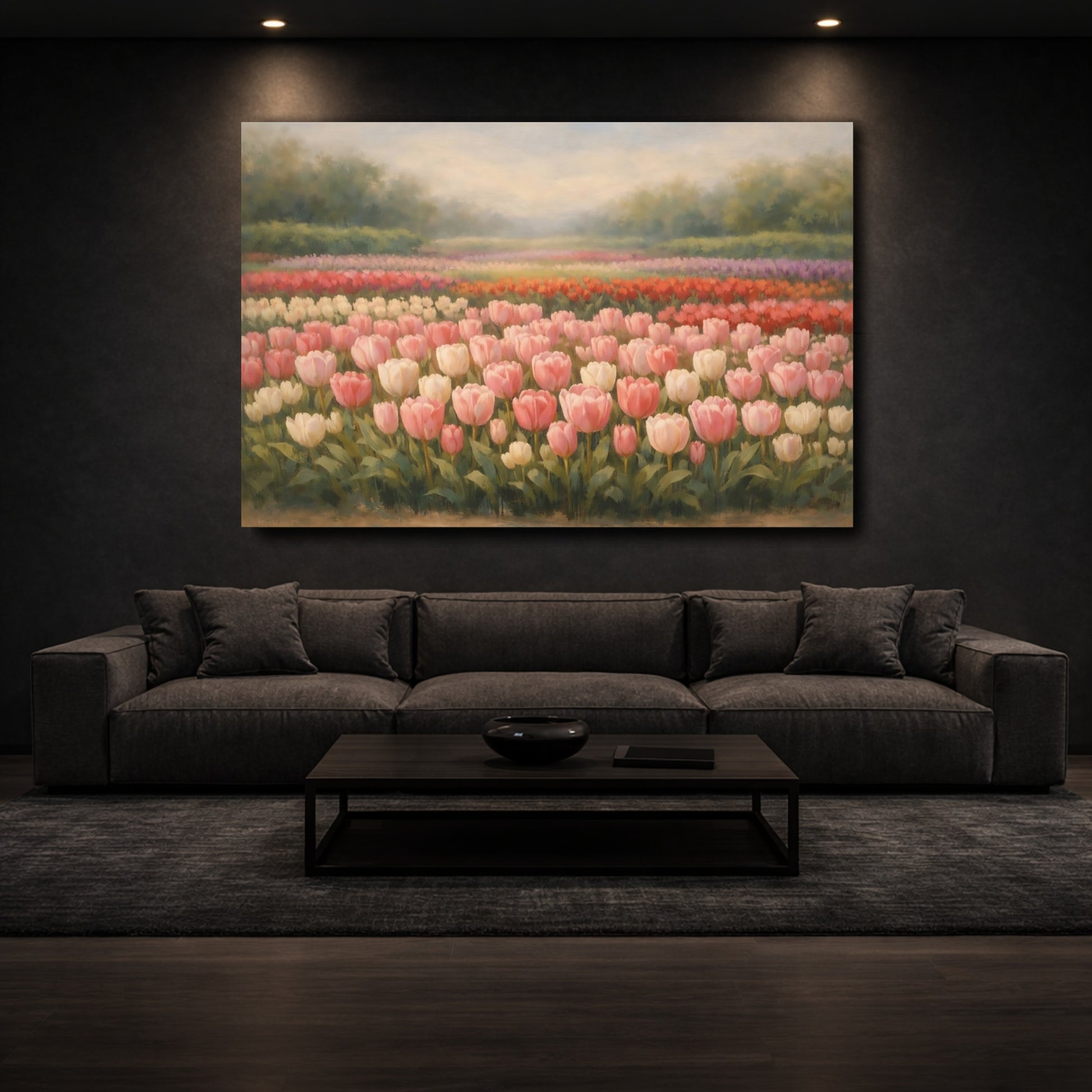 Mockup 2. Floral Tulip Field Pink Tulip Field shown as stretched canvas wall art