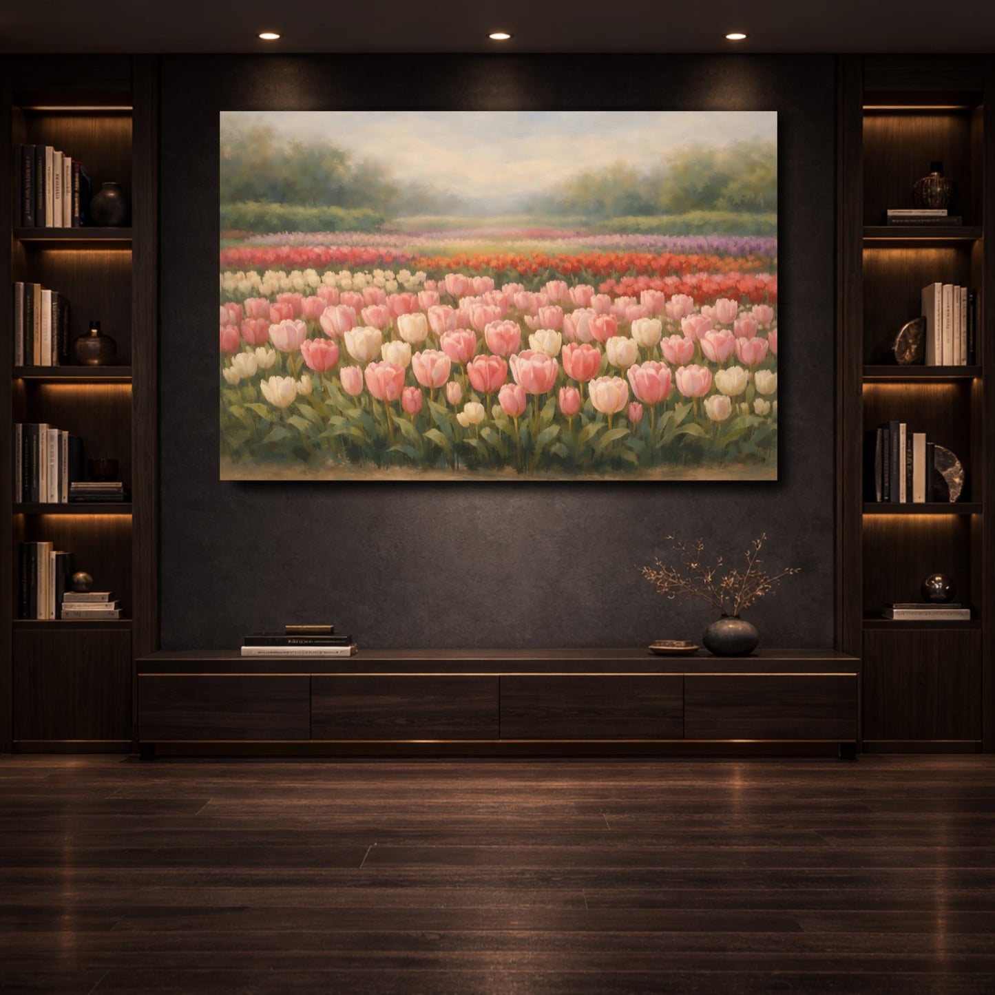 Mockup 3. Floral Tulip Field Pink Tulip Field shown as stretched canvas wall art