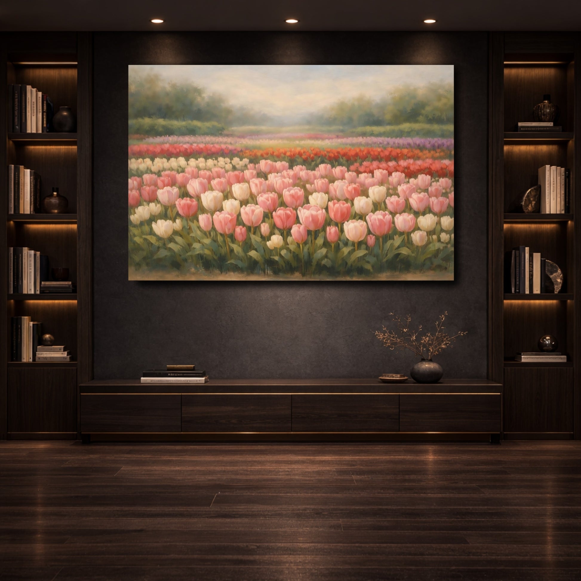 Mockup 3. Floral Tulip Field Pink Tulip Field shown as stretched canvas wall art