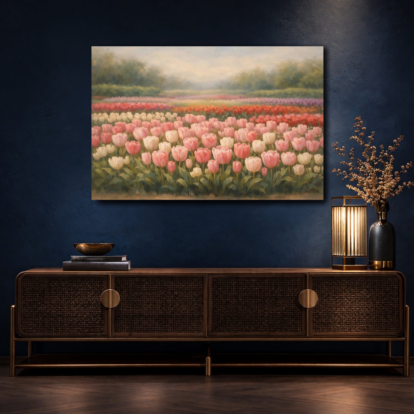 Mockup 4. Floral Tulip Field Pink Tulip Field shown as stretched canvas wall art