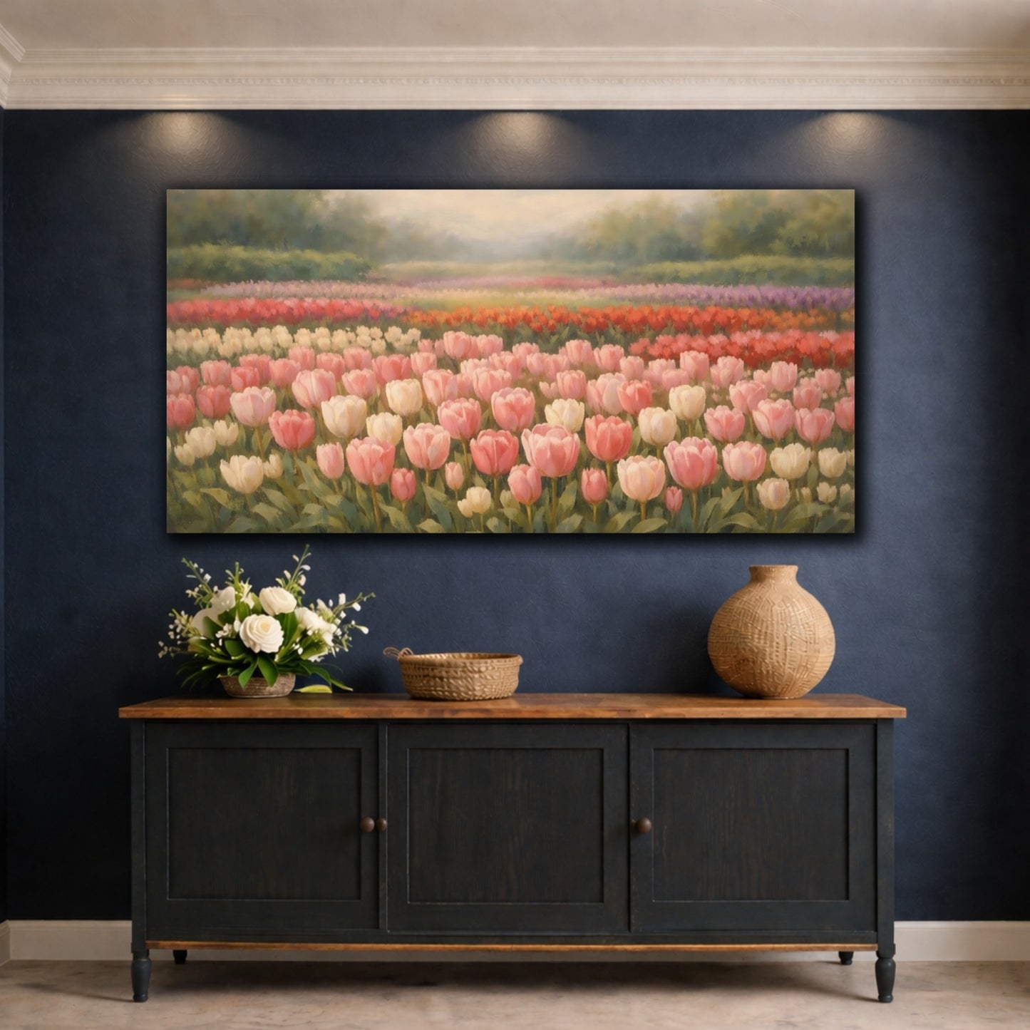 Mockup 4. Floral Tulip Field Pink Tulip Field shown as stretched canvas wall art