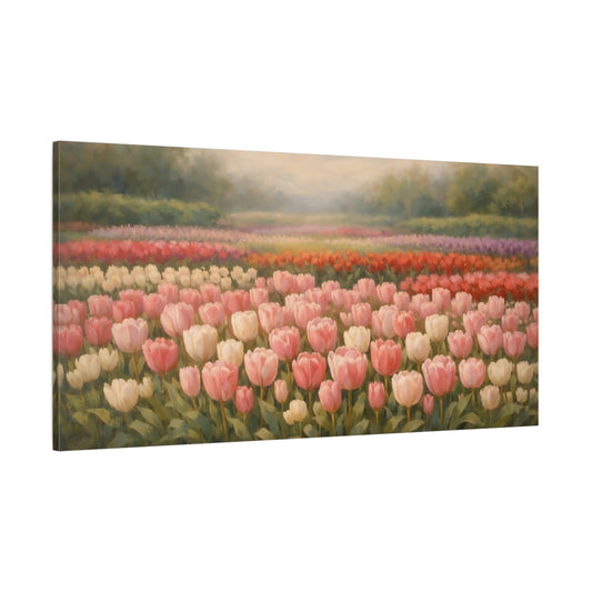 Main Mockup. Floral Tulip Field Pink Tulips Field shown as stretched canvas wall art