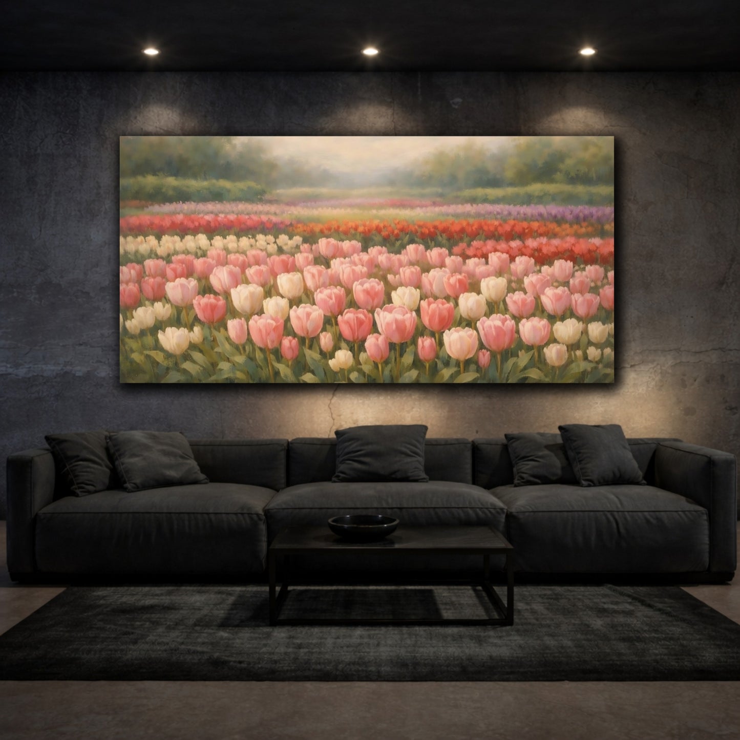 Mockup 2. Floral Tulip Field Pink Tulips Field shown as stretched canvas wall art