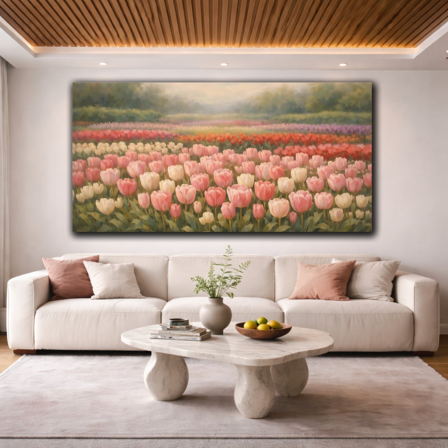 Mockup 3. Floral Tulip Field Pink Tulips Field shown as stretched canvas wall art