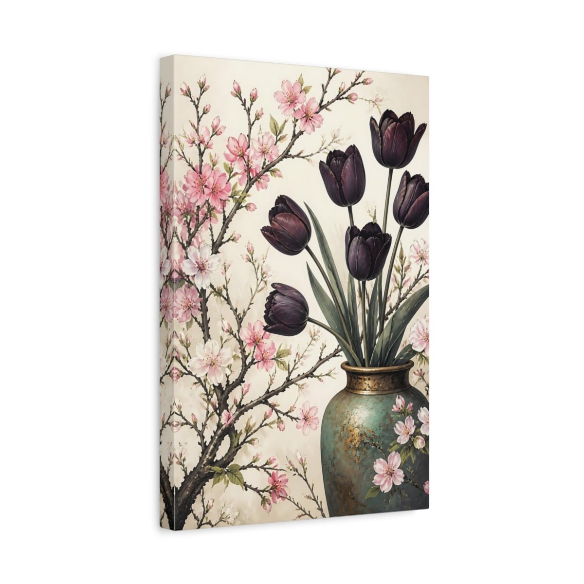 Floral Tulips Cherry Blossoms Pink Purple Canvas Print Wall Art – Vintage Living Room, Large - YesArtYes