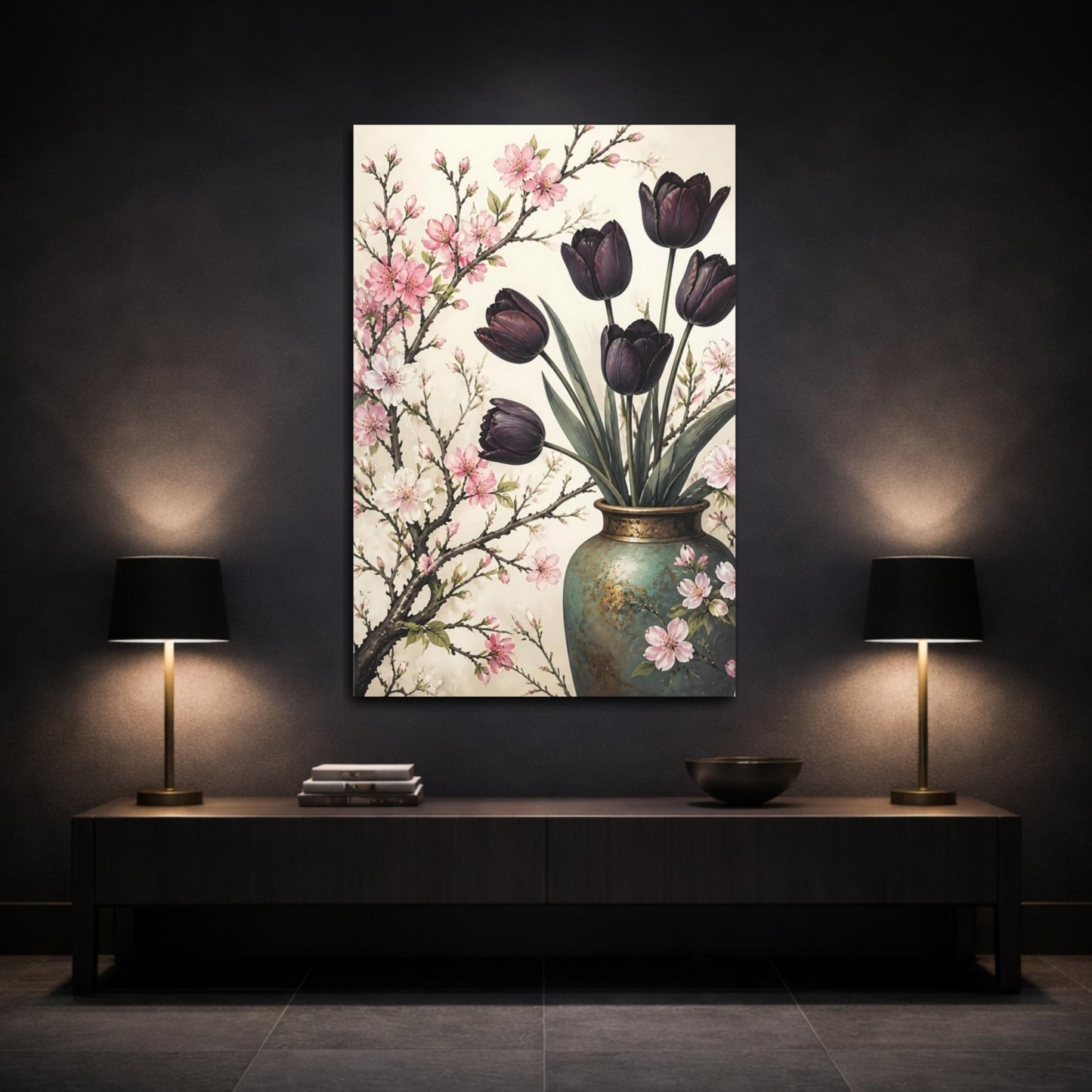 Floral Tulips Cherry Blossoms Pink Purple Canvas Print Wall Art – Vintage Living Room, Large - YesArtYes