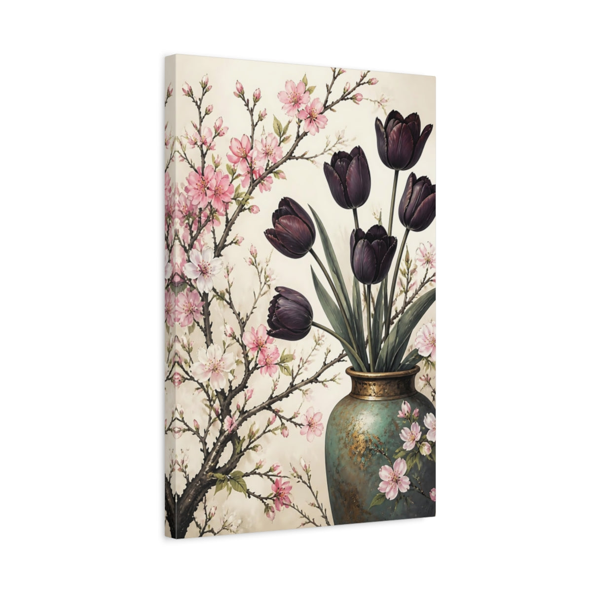 Side Mockup 3. Floral Tulips, Cherry Blossoms Pink Purple Floral shown as canvas print