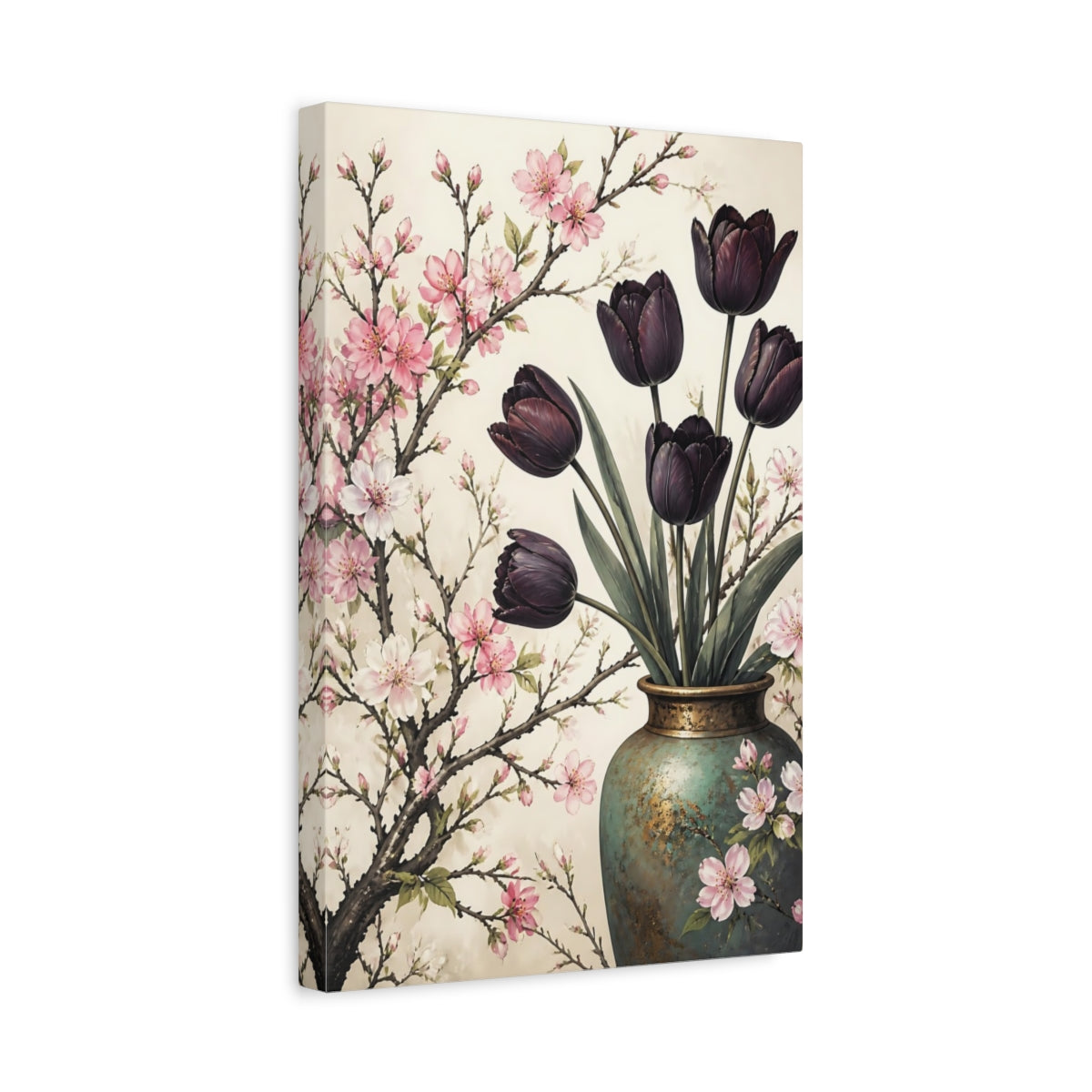 Side Mockup 4. Floral Tulips, Cherry Blossoms Pink Purple Floral shown as canvas print