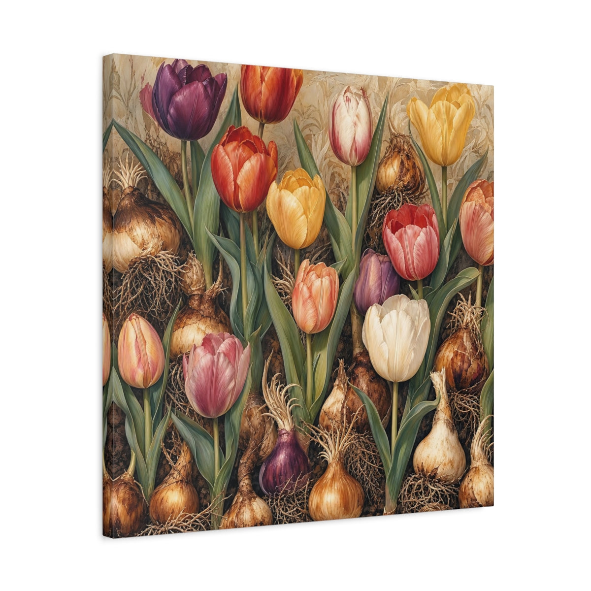 Side Mockup 4. Floral Tulips Colorful Tulips shown as stretched canvas wall art