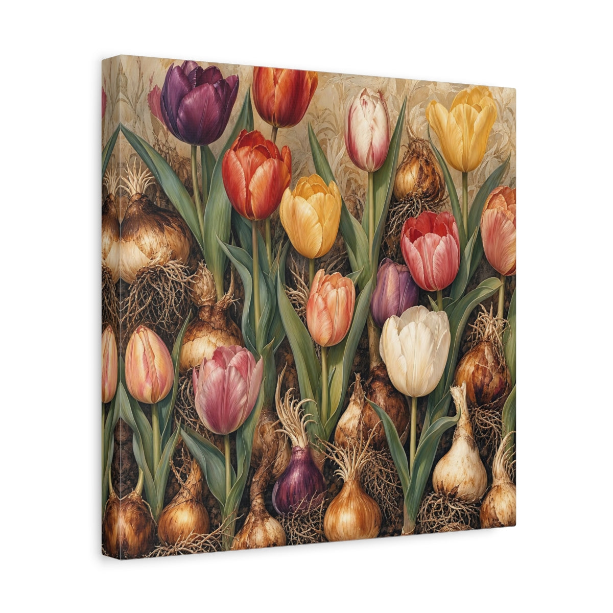 Side Mockup 7. Floral Tulips Colorful Tulips shown as stretched canvas wall art