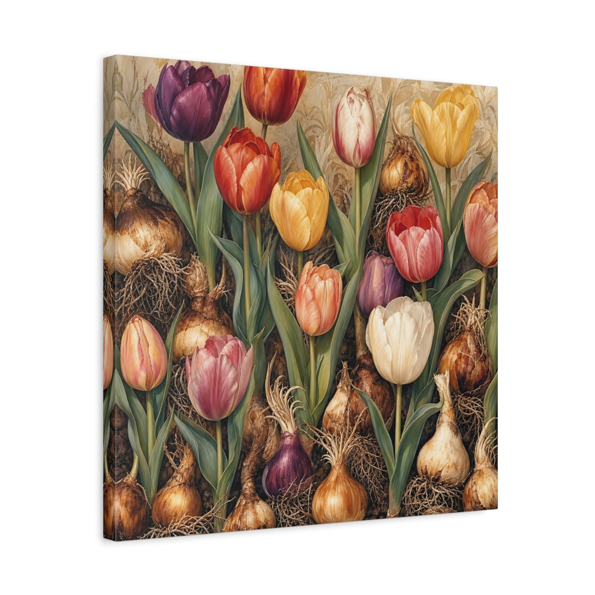 Side Mockup 5. Floral Tulips Colorful Tulips shown as stretched canvas wall art