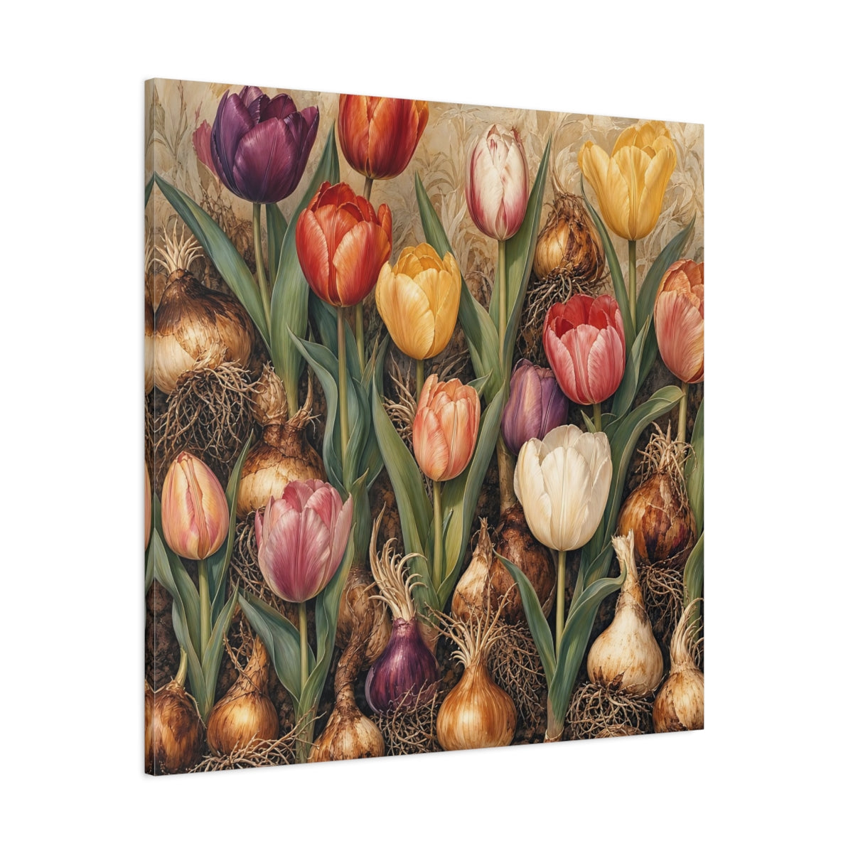 Side Mockup 1. Floral Tulips Colorful Tulips shown as stretched canvas wall art