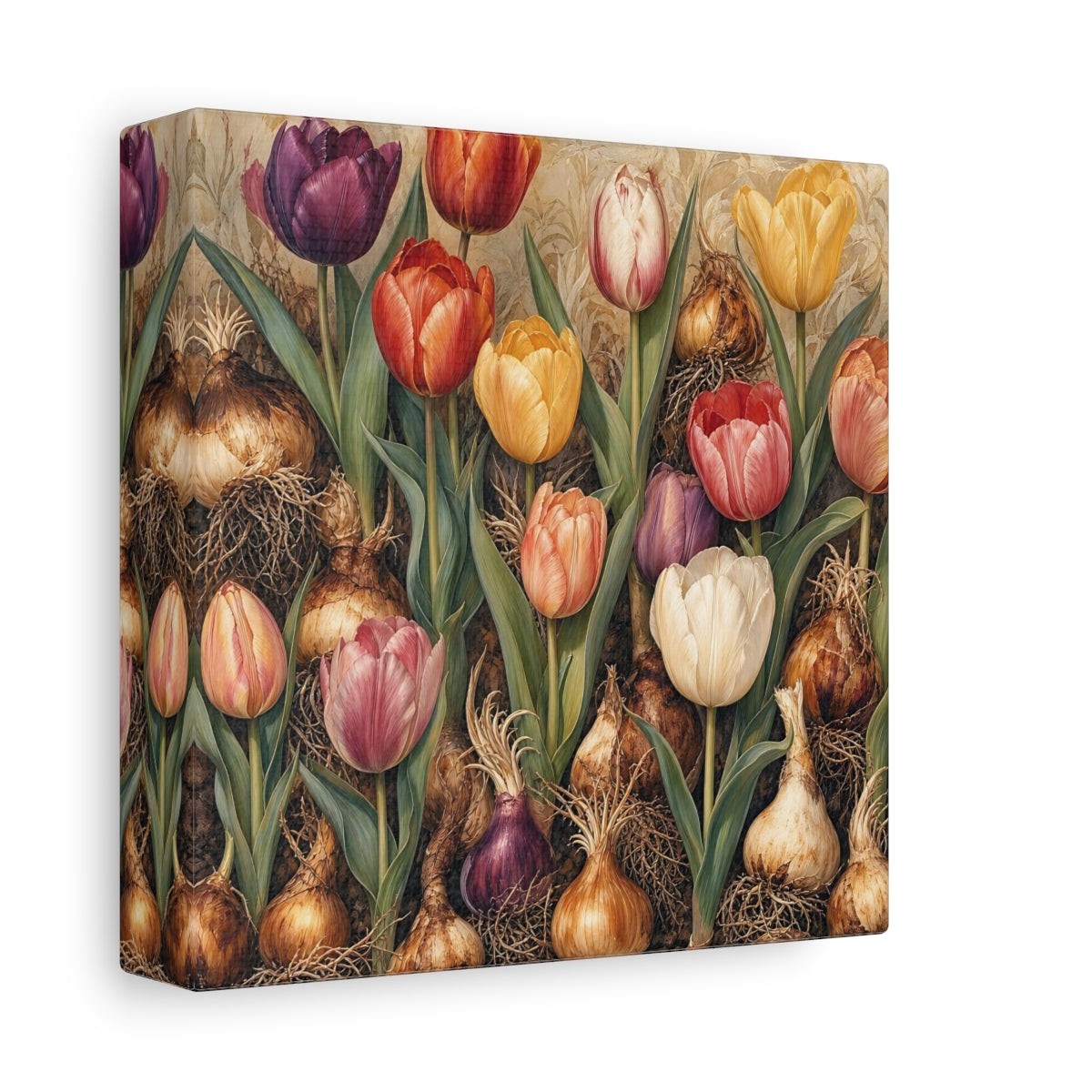 Side Mockup 2. Floral Tulips Colorful Tulips shown as stretched canvas wall art