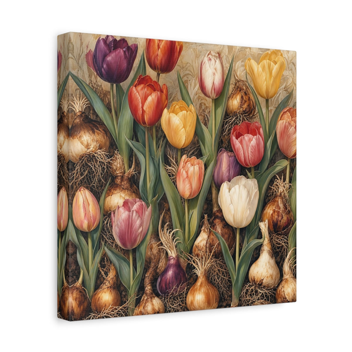 Side Mockup 8. Floral Tulips Colorful Tulips shown as stretched canvas wall art