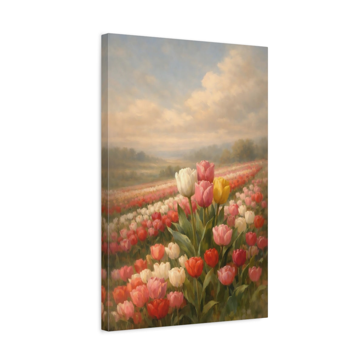 Side Mockup 3. Floral Tulips Colorful Tulips shown as stretched canvas wall art