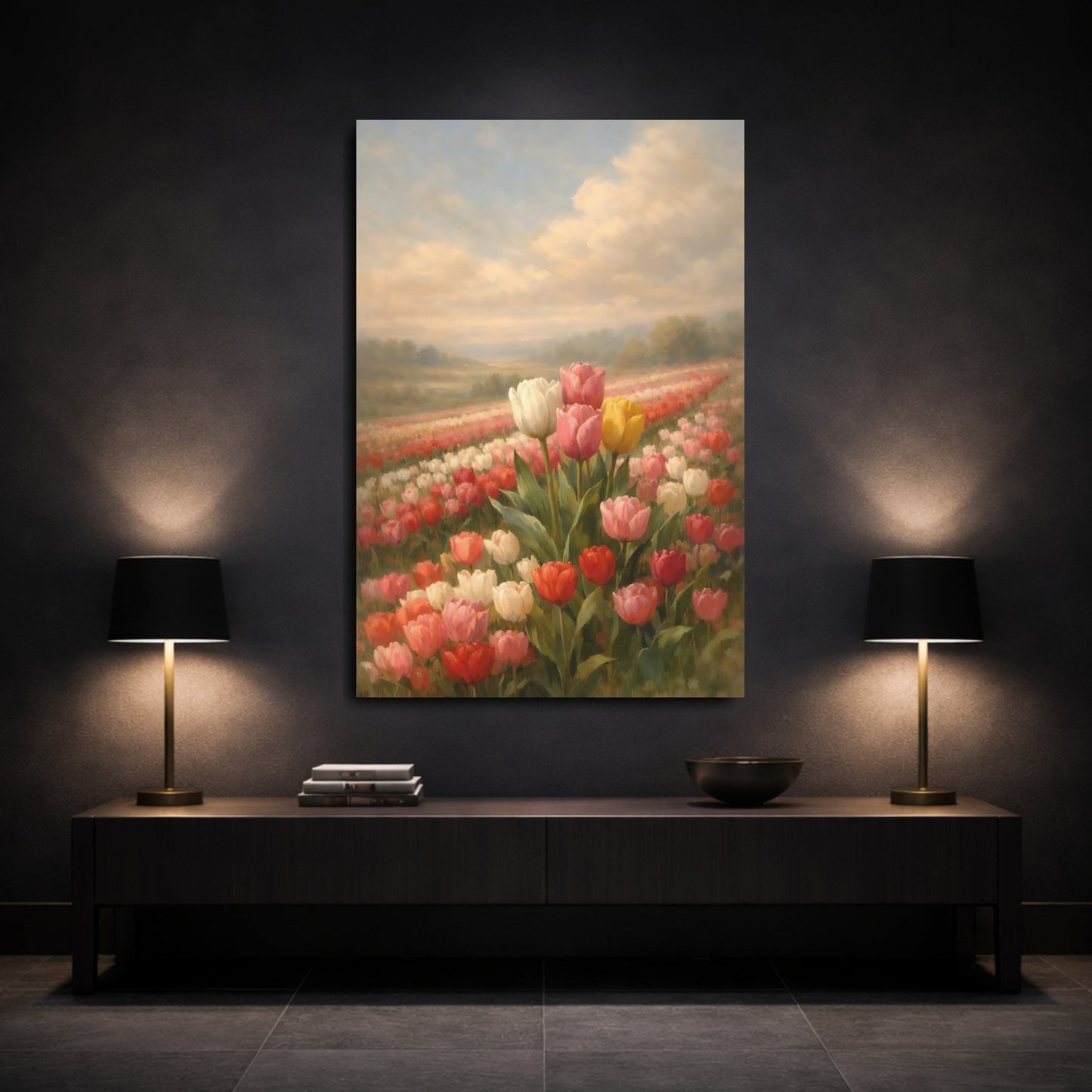 Mockup 2. Floral Tulips Colorful Tulips shown as stretched canvas wall art