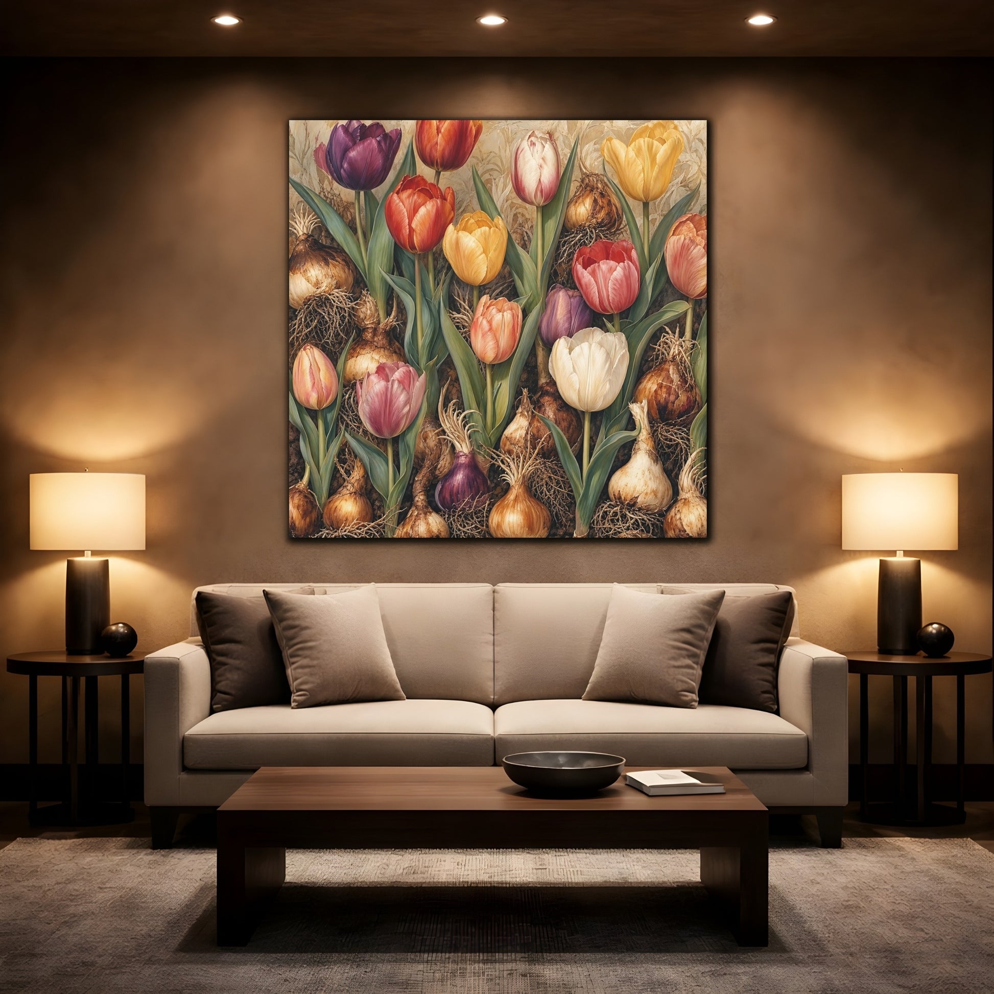 Mockup 2. Floral Tulips Colorful Tulips shown as stretched canvas wall art