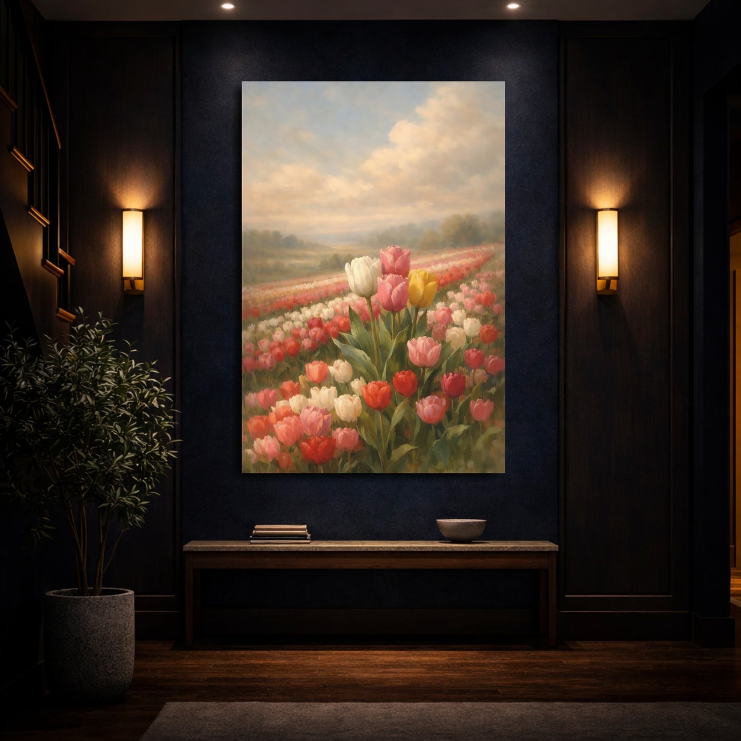 Mockup 3. Floral Tulips Colorful Tulips shown as stretched canvas wall art