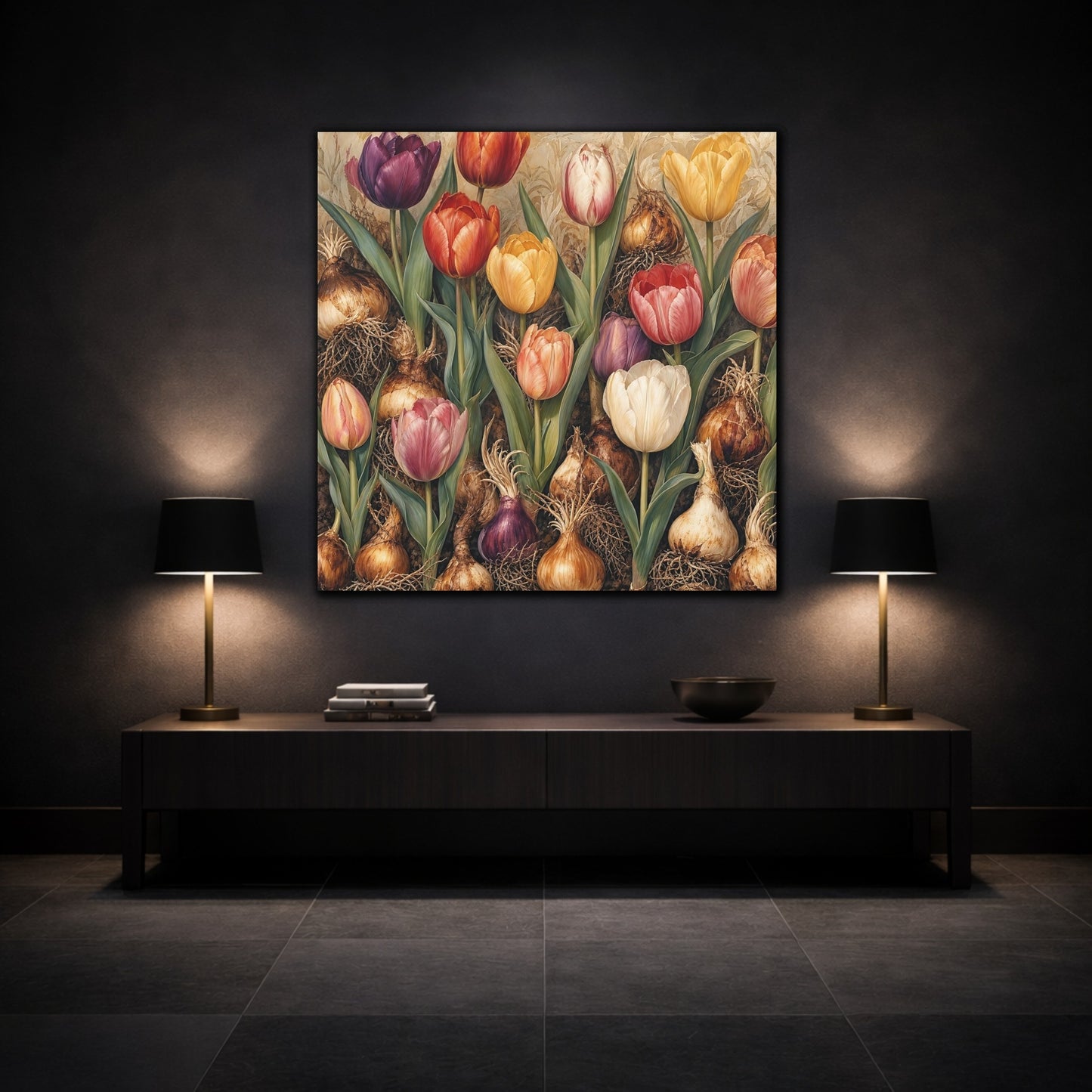 Mockup 3. Floral Tulips Colorful Tulips shown as stretched canvas wall art
