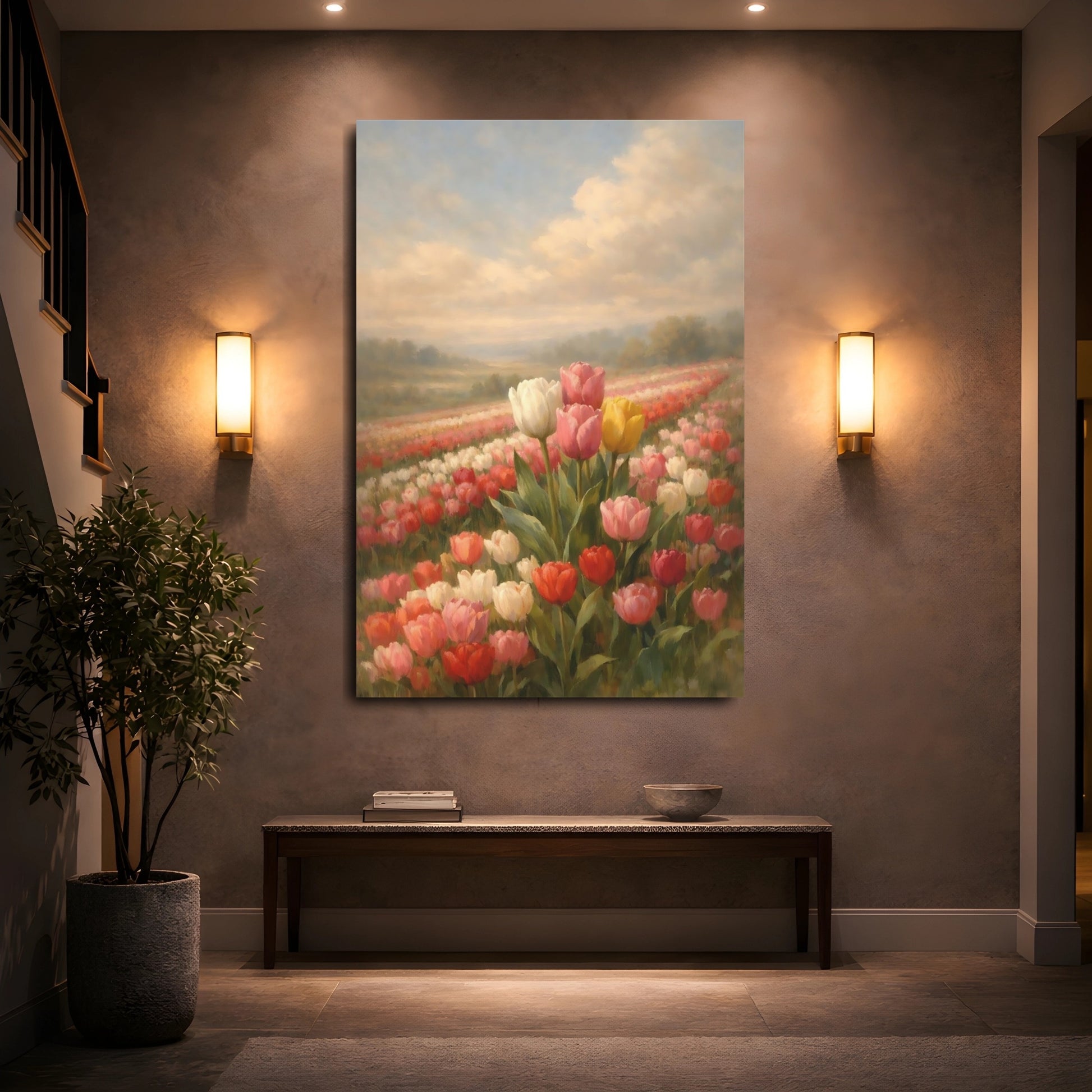 Mockup 4. Floral Tulips Colorful Tulips shown as stretched canvas wall art