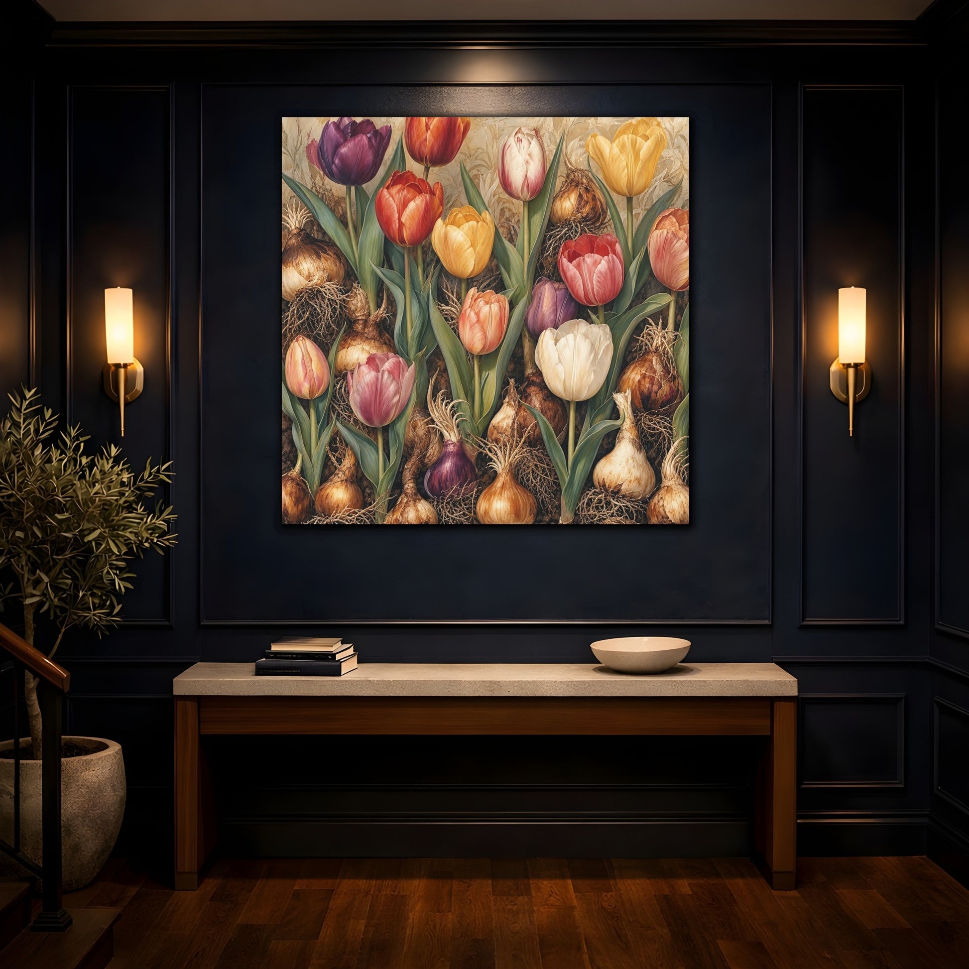 Mockup 4. Floral Tulips Colorful Tulips shown as stretched canvas wall art